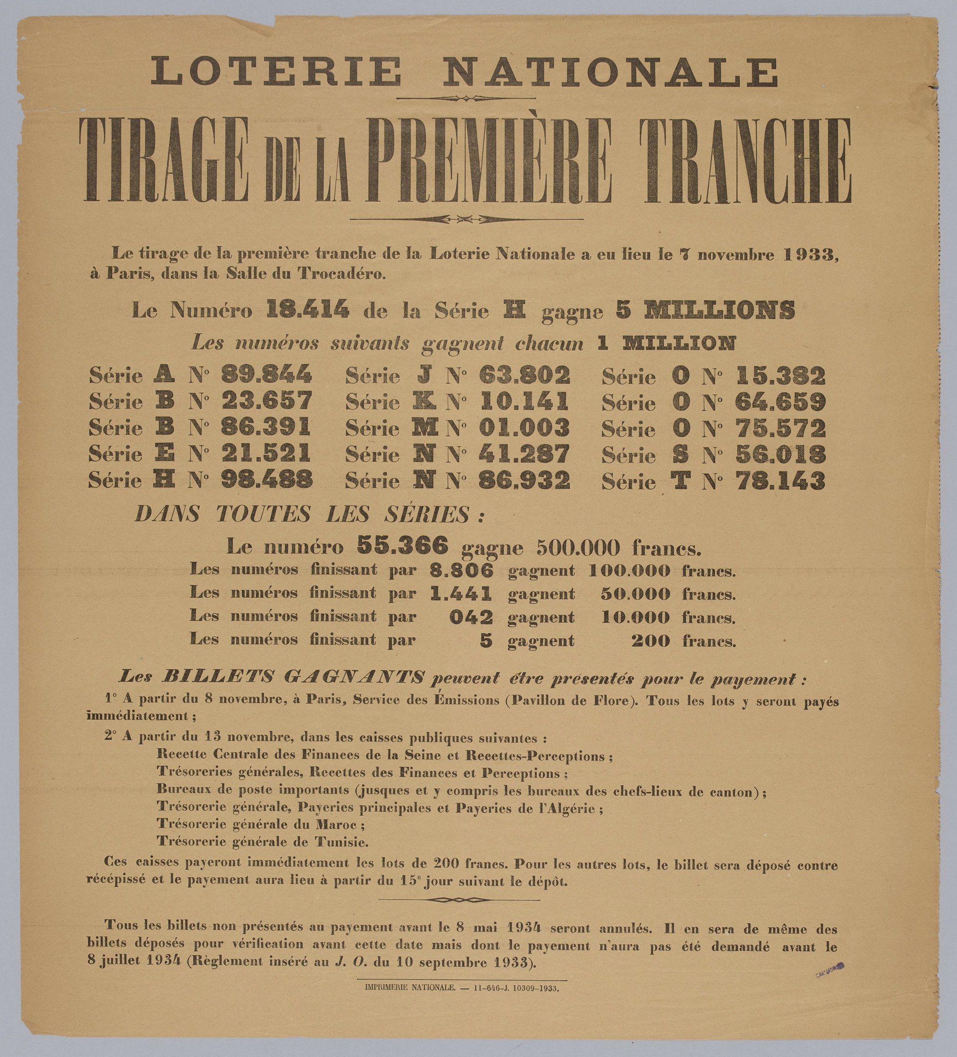 The image shows a paper with the text "Loterie Nationale Tirage de la Première Tranche" written on...