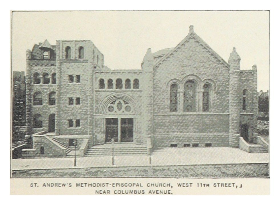 The image shows St. Andrew's Methodist Episcopal Church in West 11th Street, near Columbus Avenue....