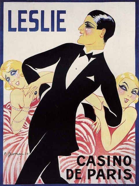 The image shows a poster advertising a casino in Paris, featuring a man in a tuxedo and two women....