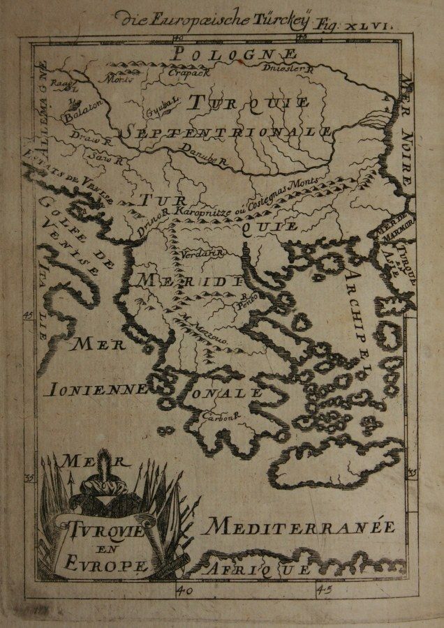 The image shows an old book with a map of Europe on it. The map is detailed and shows various...
