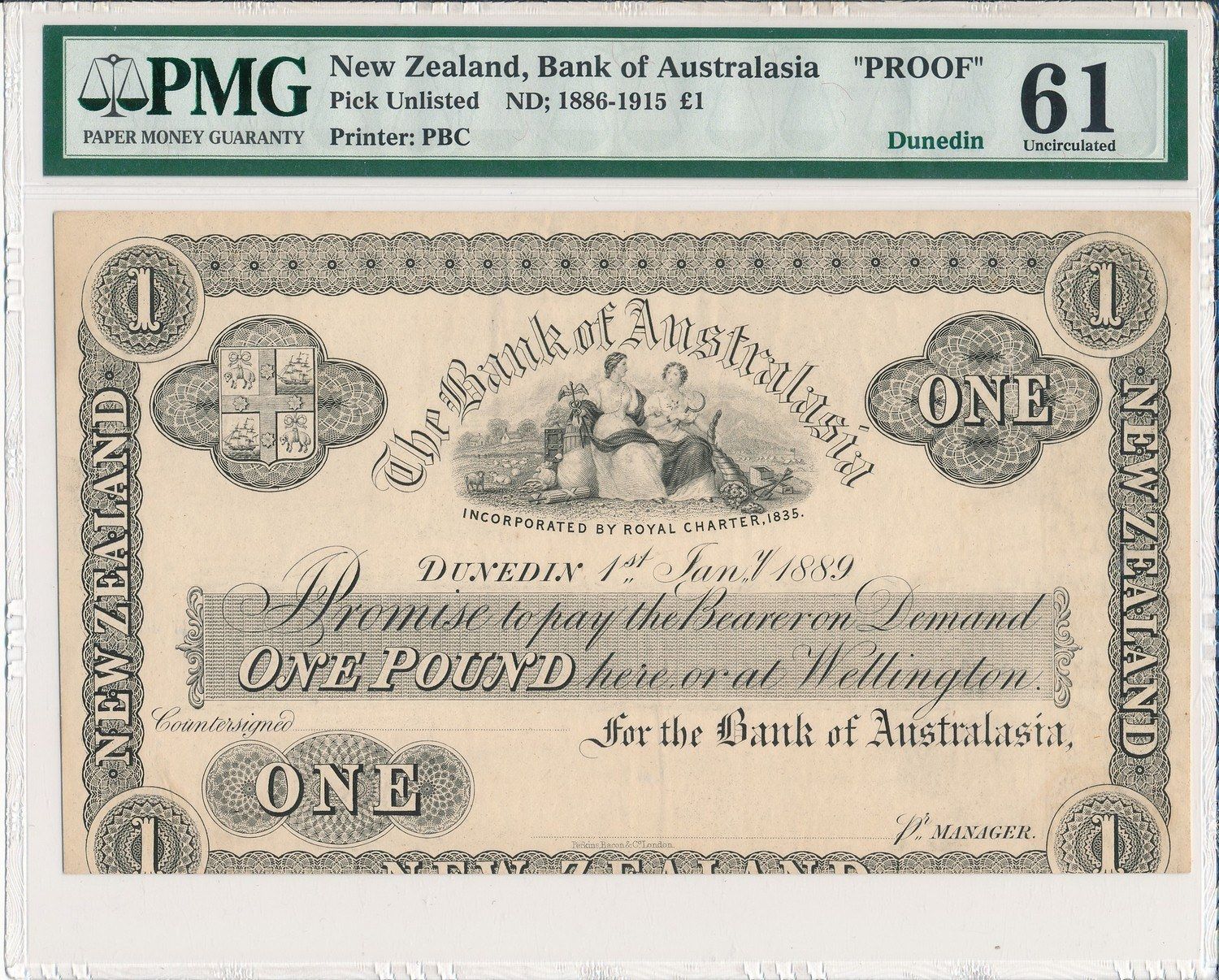 The image shows a New Zealand Bank of Australia one pound note from 1866-1915 with a PMG 61 EPQ Gem...
