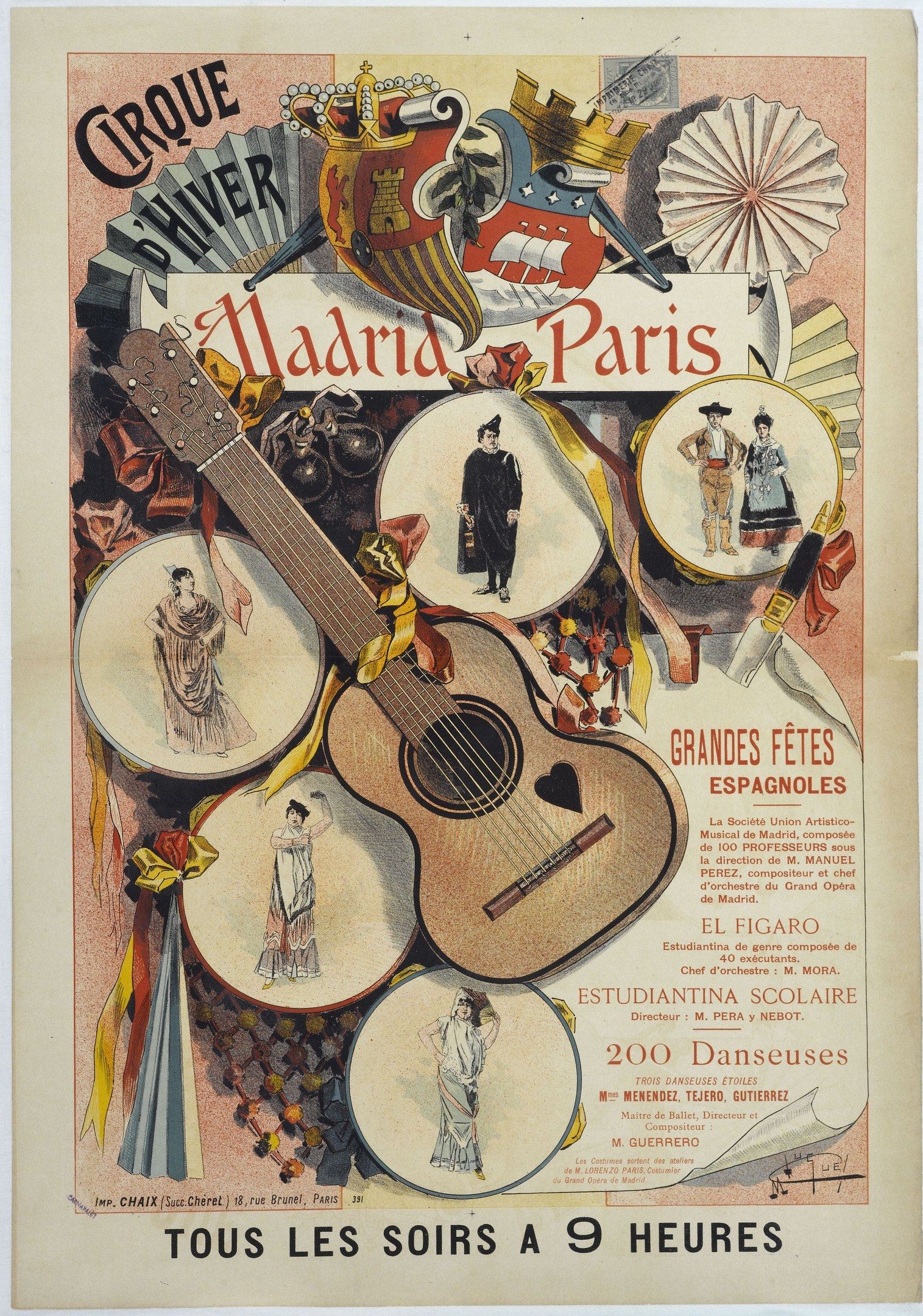 The image shows a poster advertising a concert in Madrid, Spain, featuring pictures of people, a...