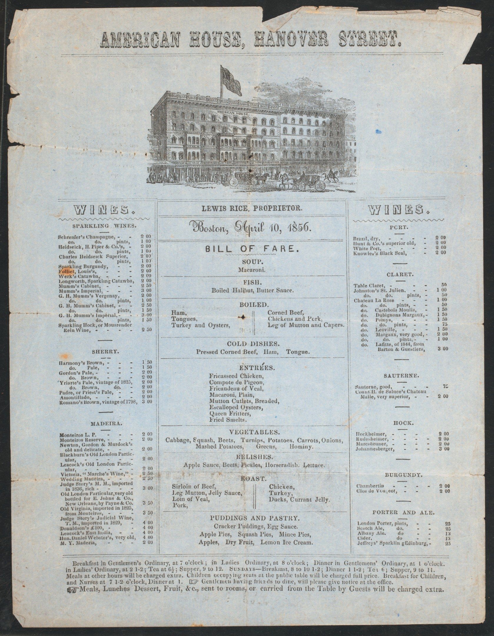 The image shows an old menu card with a picture of a building on it. The building is the American...