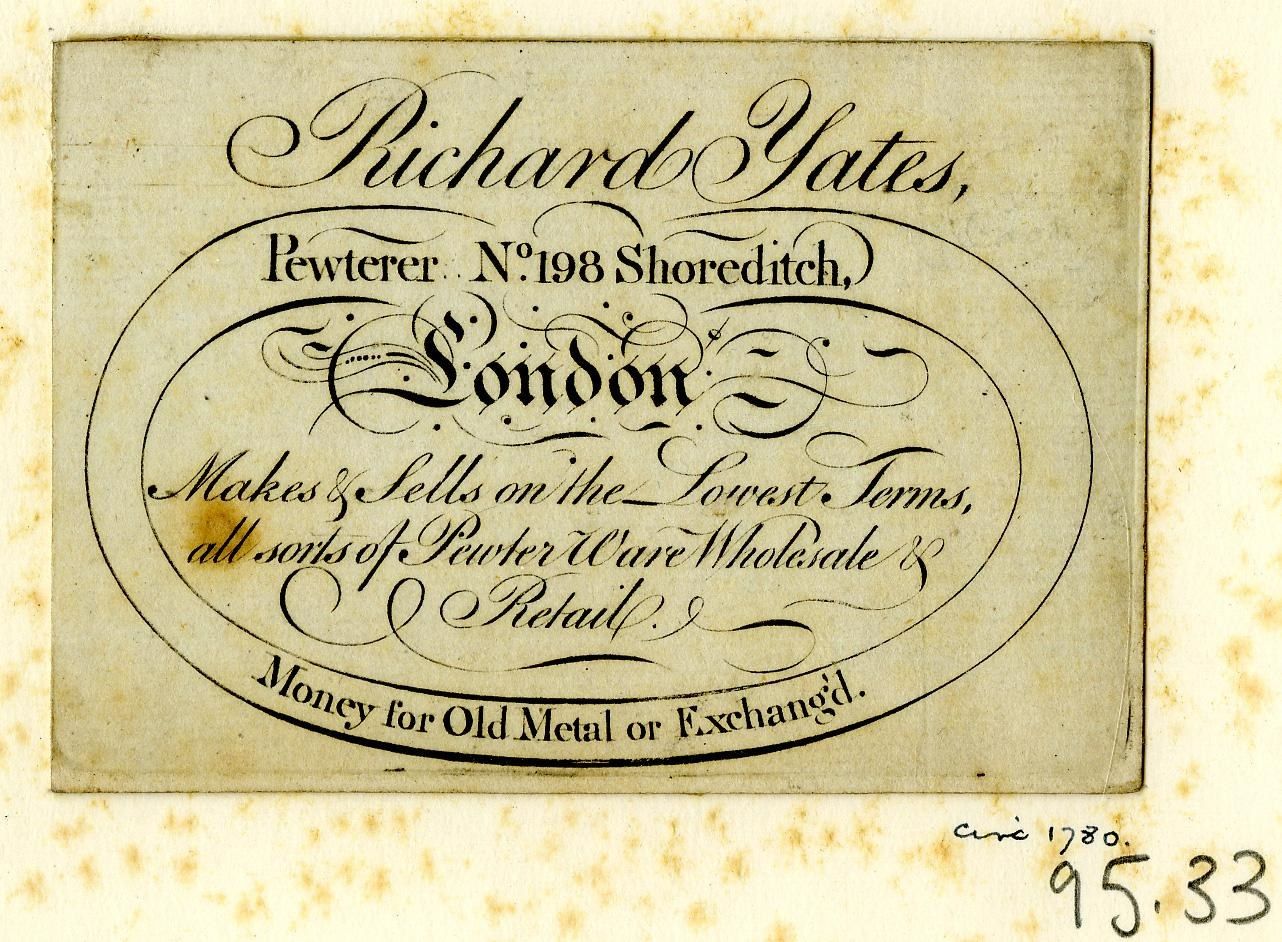 The image shows an old business card with the words "Richard Yates, London" written on it.
