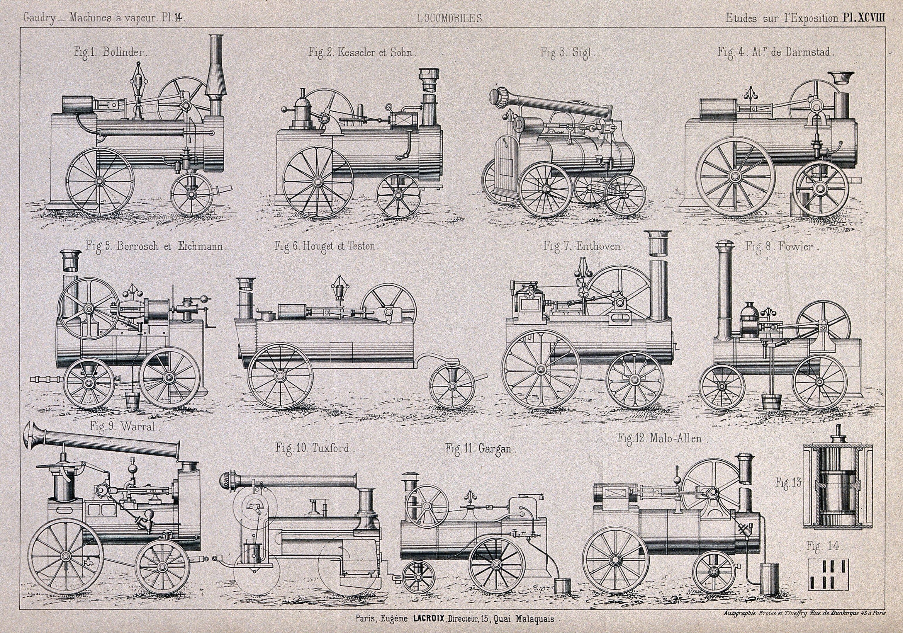 The image shows a paper with a drawing of various types of steam engines, each with its own wheel....