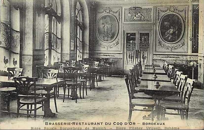 The image shows an old black and white photo of a brasserie restaurant in Coq d'or, Bordeaux,...