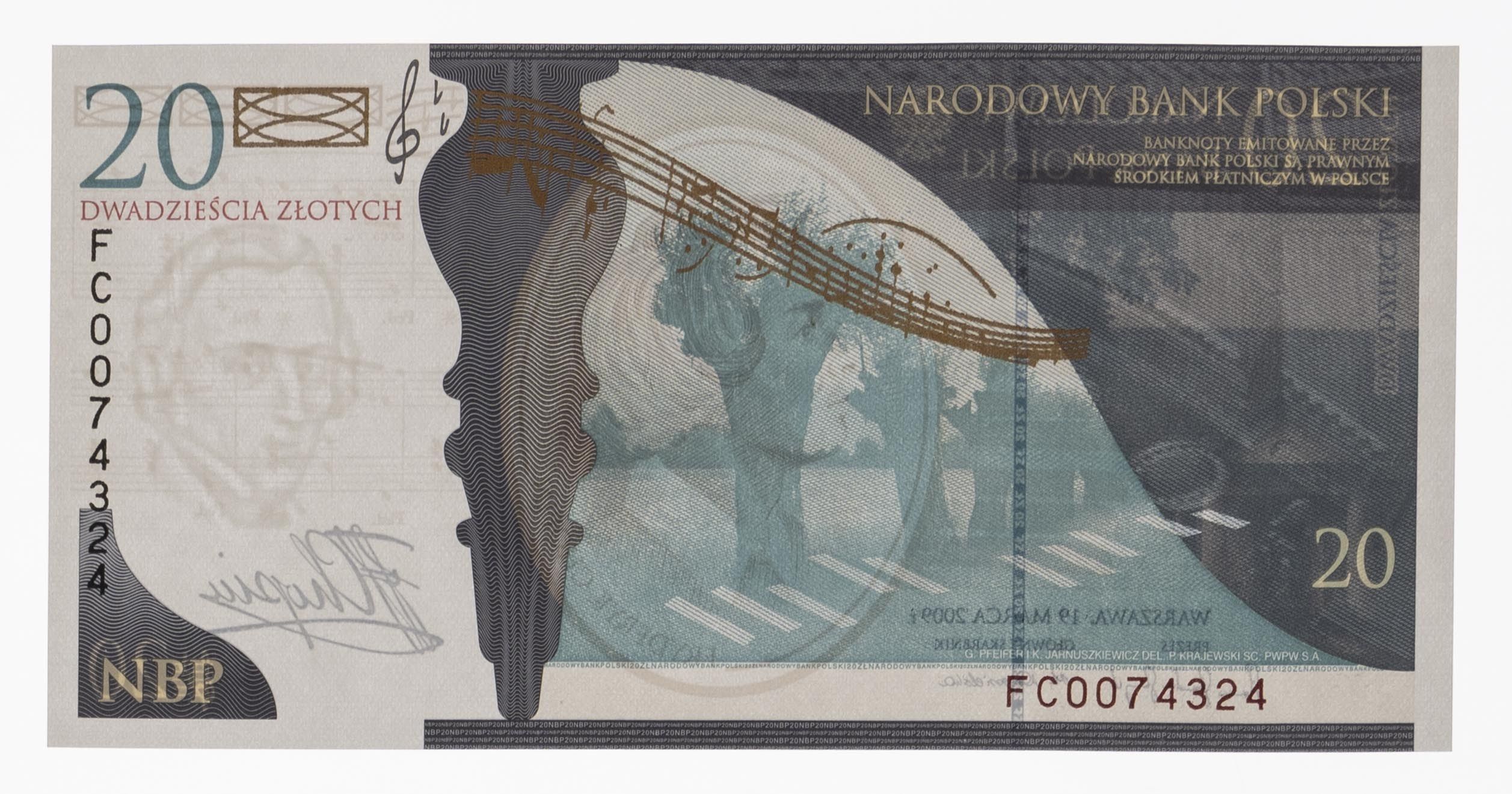 The image shows a Polish 20 zloty banknote with a picture of a man playing a guitar on it. The note...