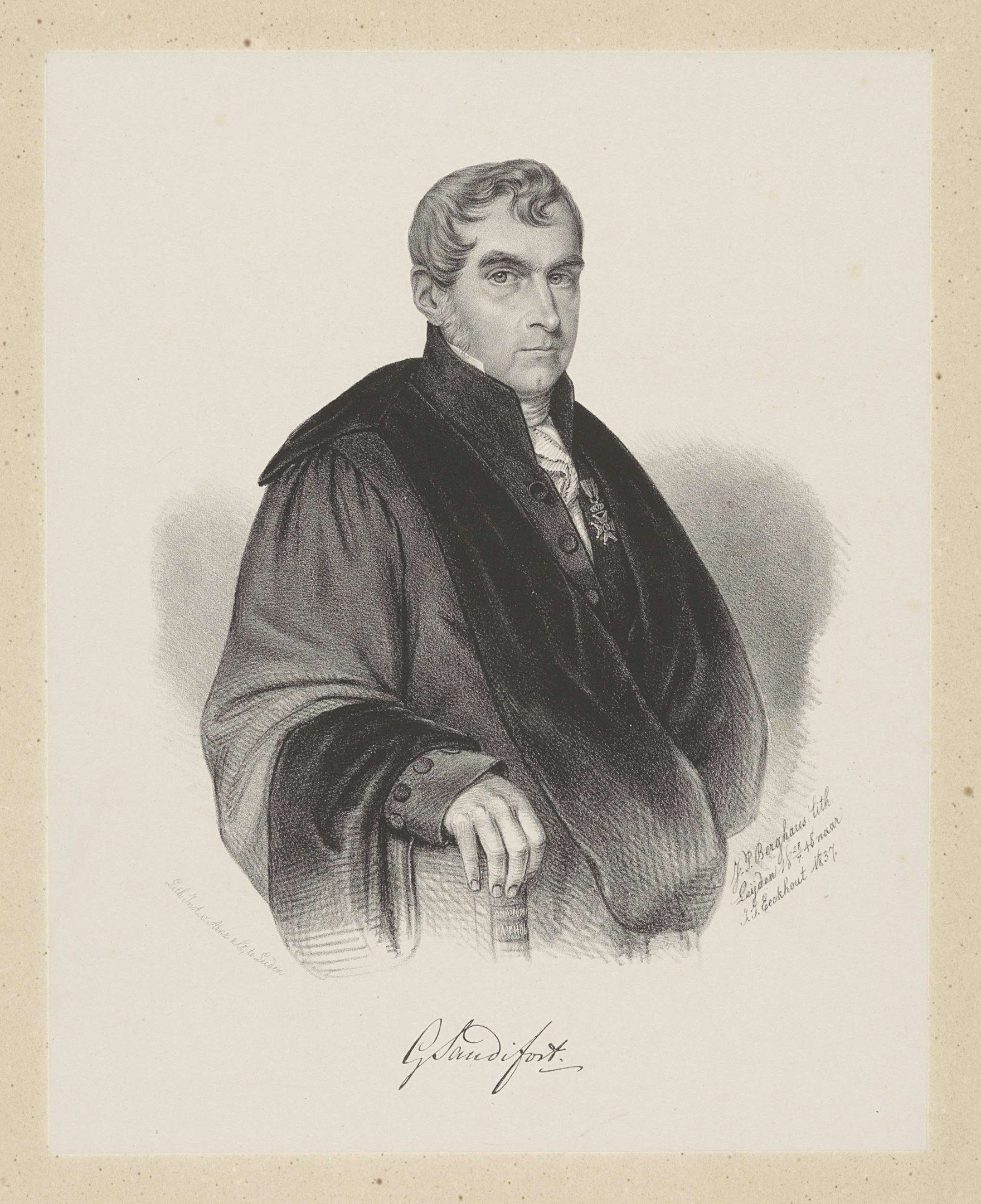 The image shows a black and white engraving of a man in a black robe, believed to be George Ford,...