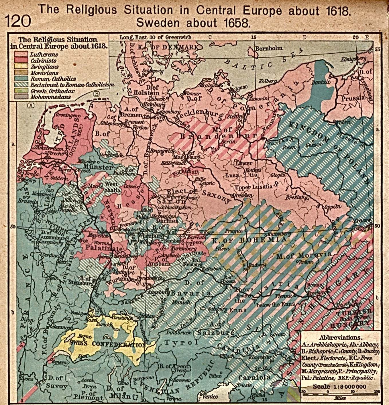 The image shows a poster with a map of Central Europe from 1618, depicting the religious situation...