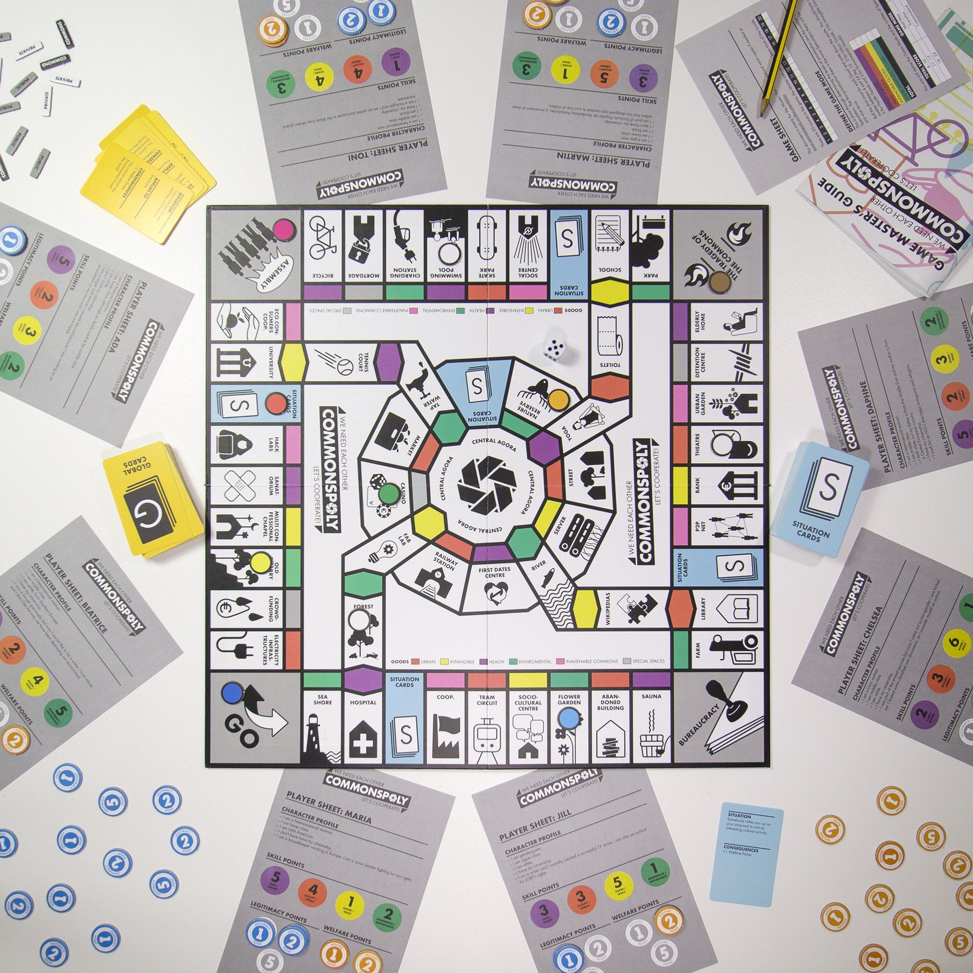 The image shows a Monopoly board game on a table with a variety of cards, papers, and a pencil...