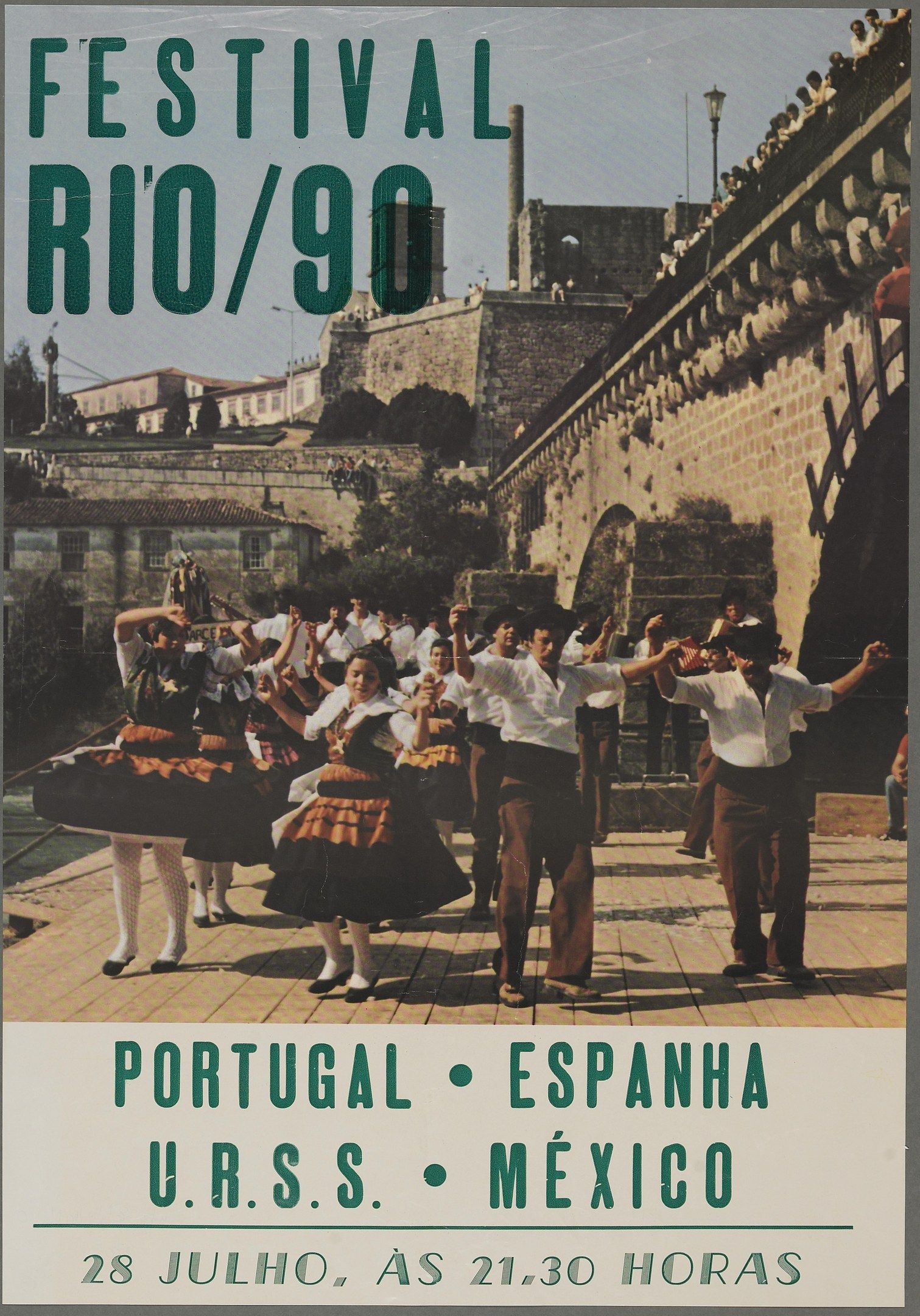 The image shows a poster for the Festival Rio/90 in Portugal, Spain, with a group of people dancing...