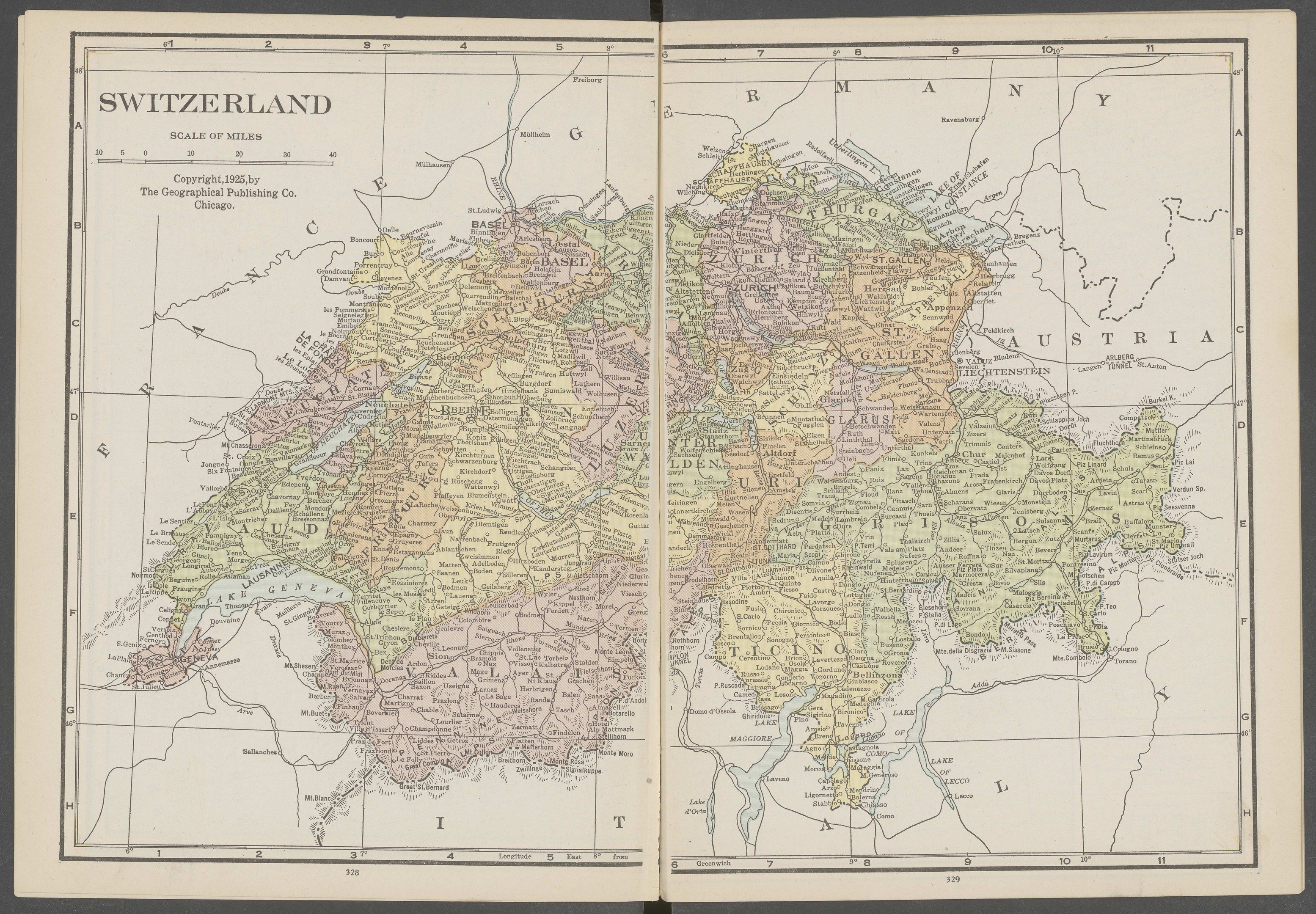 The image shows an open book with a map of Switzerland on it. The map is detailed and shows the...