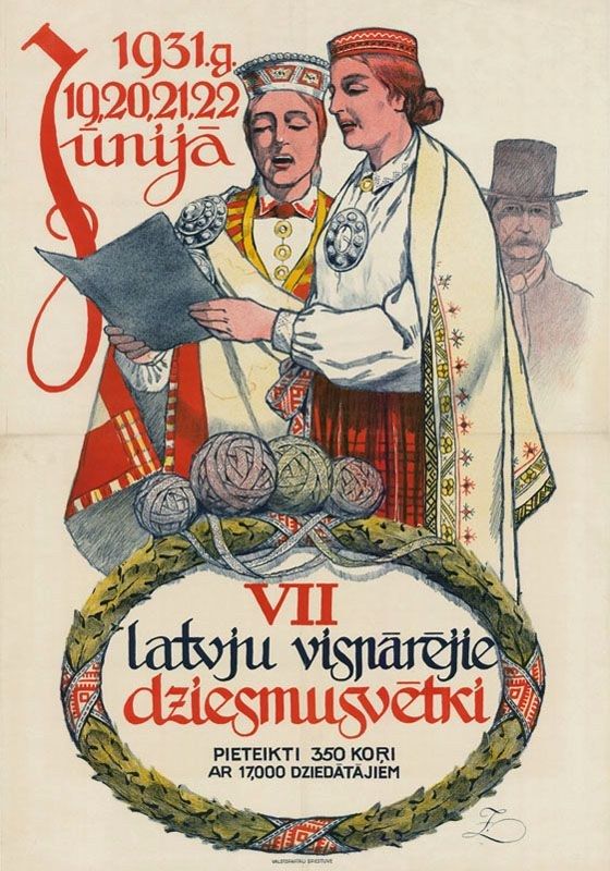 The image shows an old Polish propaganda poster from 1931 depicting a man and woman in traditional...