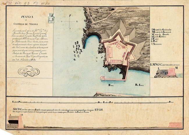 The image shows an old map of the city of San Juan, Puerto Rico, with a building in the center and...