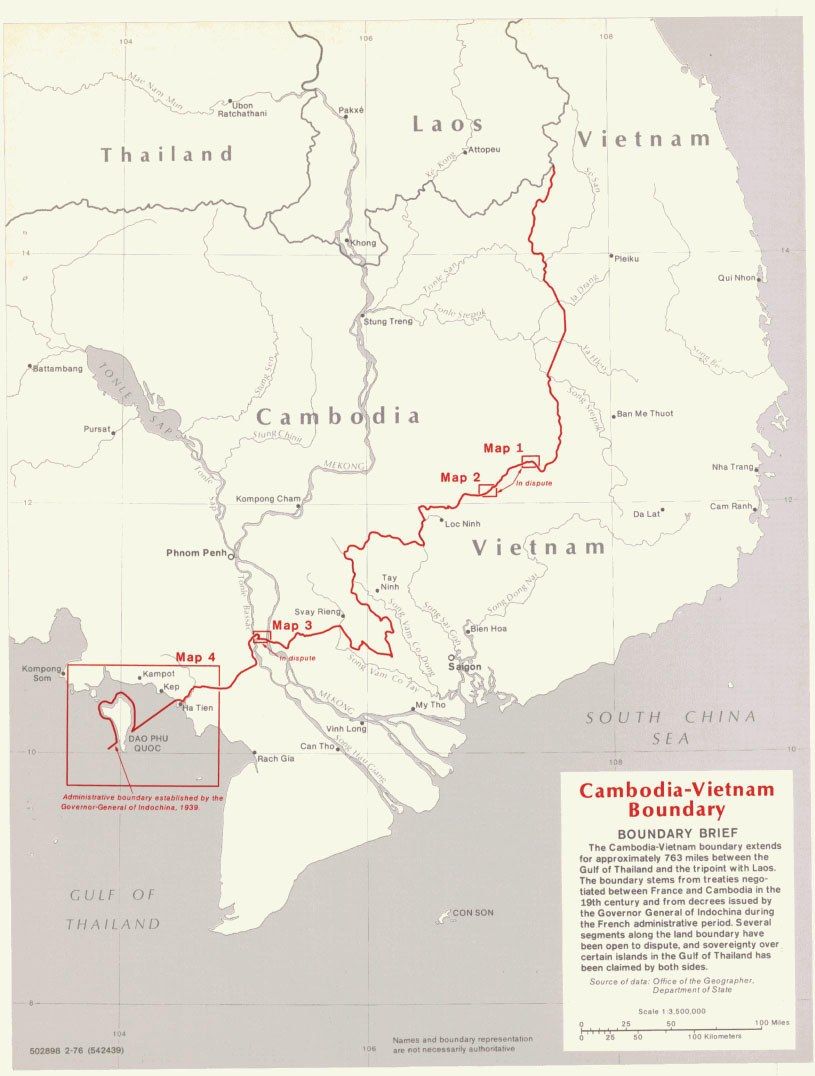 The image shows a poster with a map of Cambodia and Vietnam, with text detailing the boundary of...
