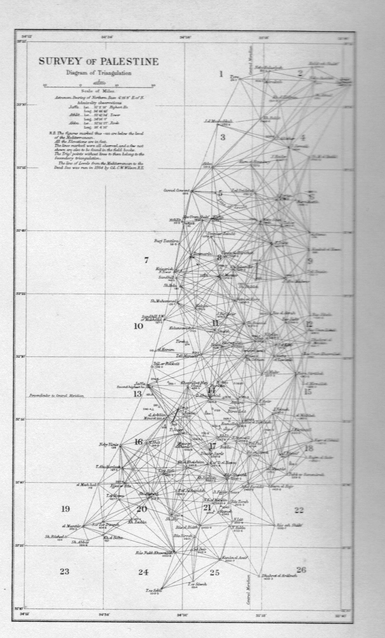 The image shows a black and white survey of Palestine, with a paper containing numbers and text.
