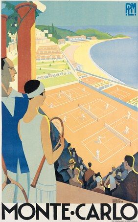 The image shows a poster advertising a tennis match in Monte Carlo, Italy. It features a man and a...