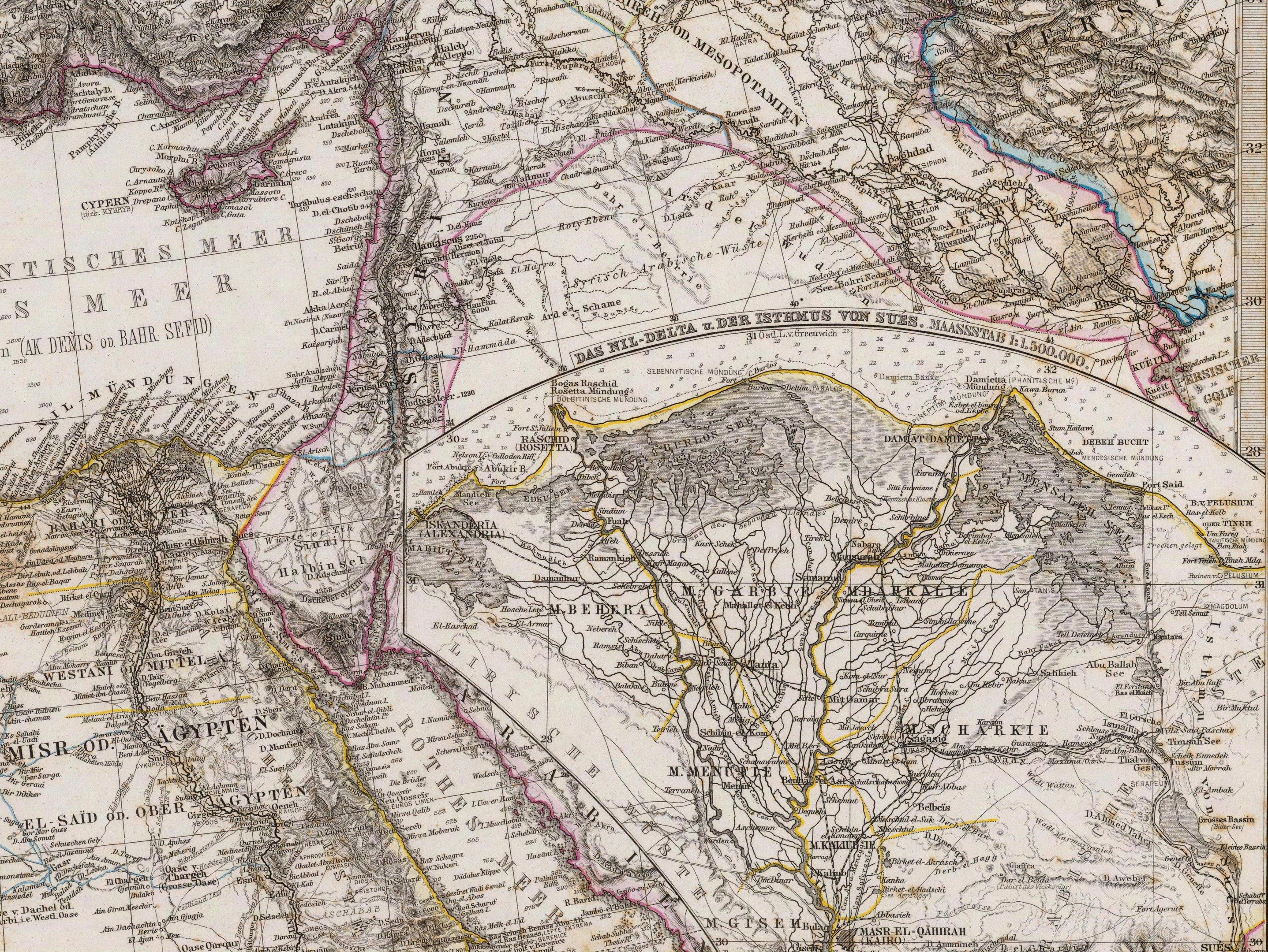 The image shows an old map of the Middle East with the extent of the Persian Gulf in the...