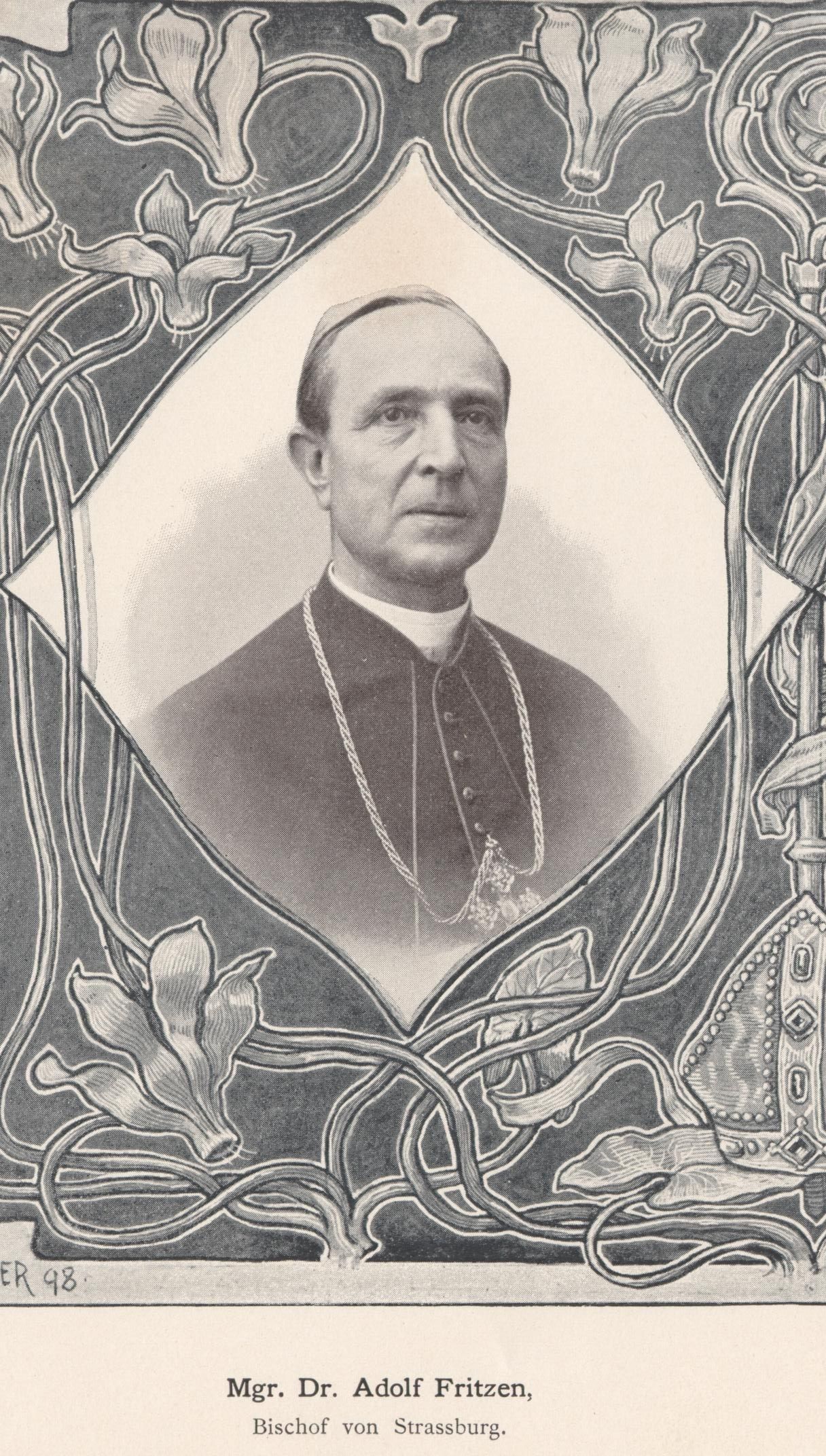 The image shows a black and white photo of a man in a priest's robes, identified as Dr. Adolf...