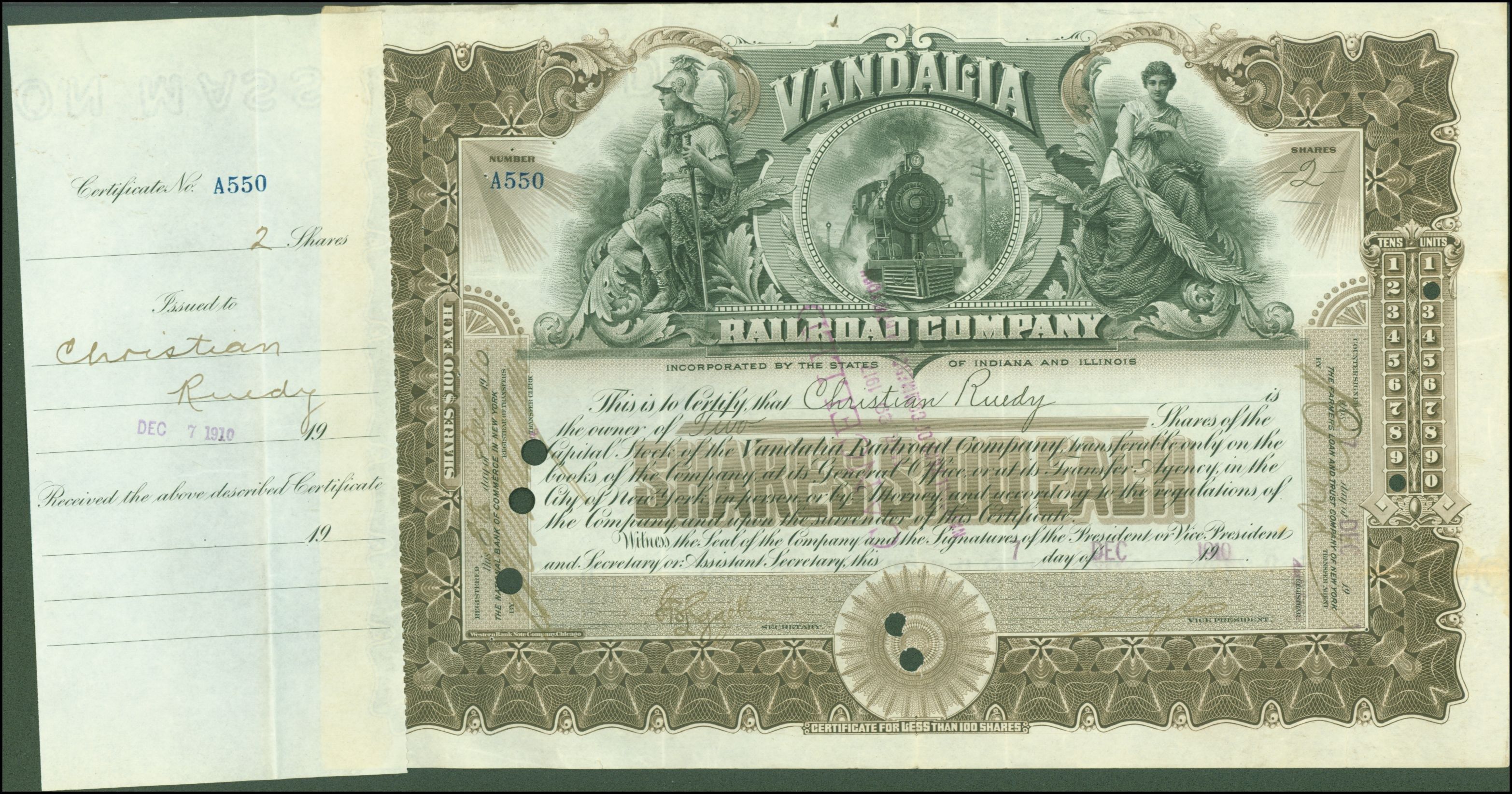The image shows an old stock certificate with a picture of a man and woman on it. The certificate...