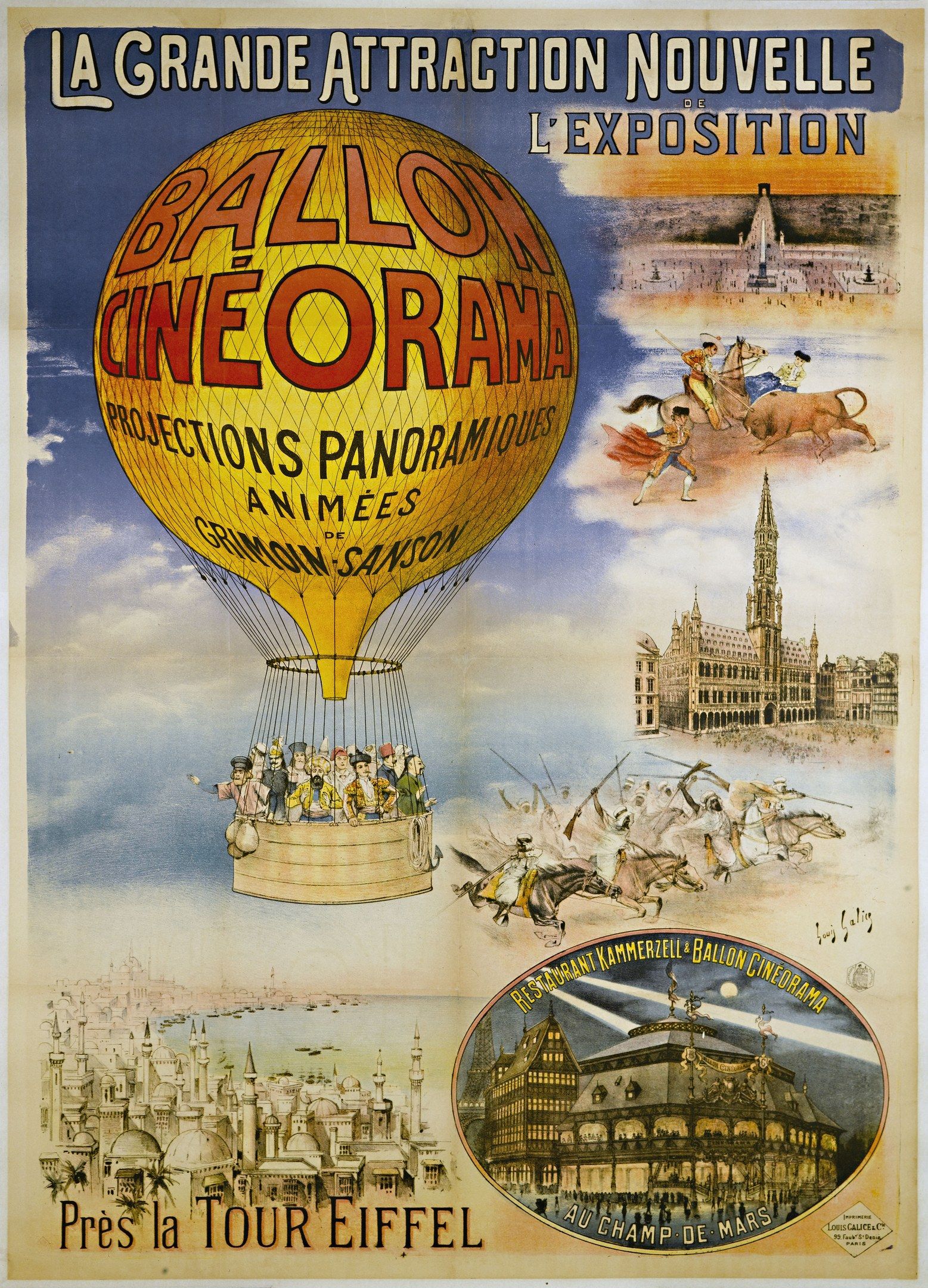 The image shows a poster advertising a balloon cinema in Paris, France. It features pictures of...