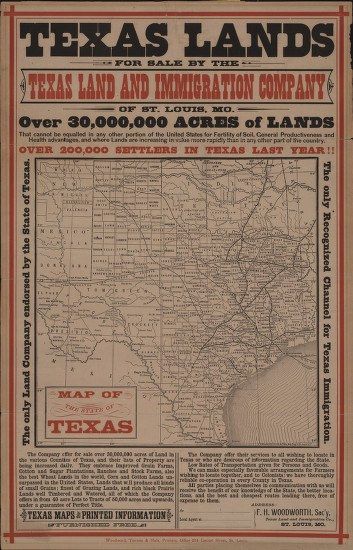 The image shows an old map of the Texas Land and Immigration Company on a black background. The map...