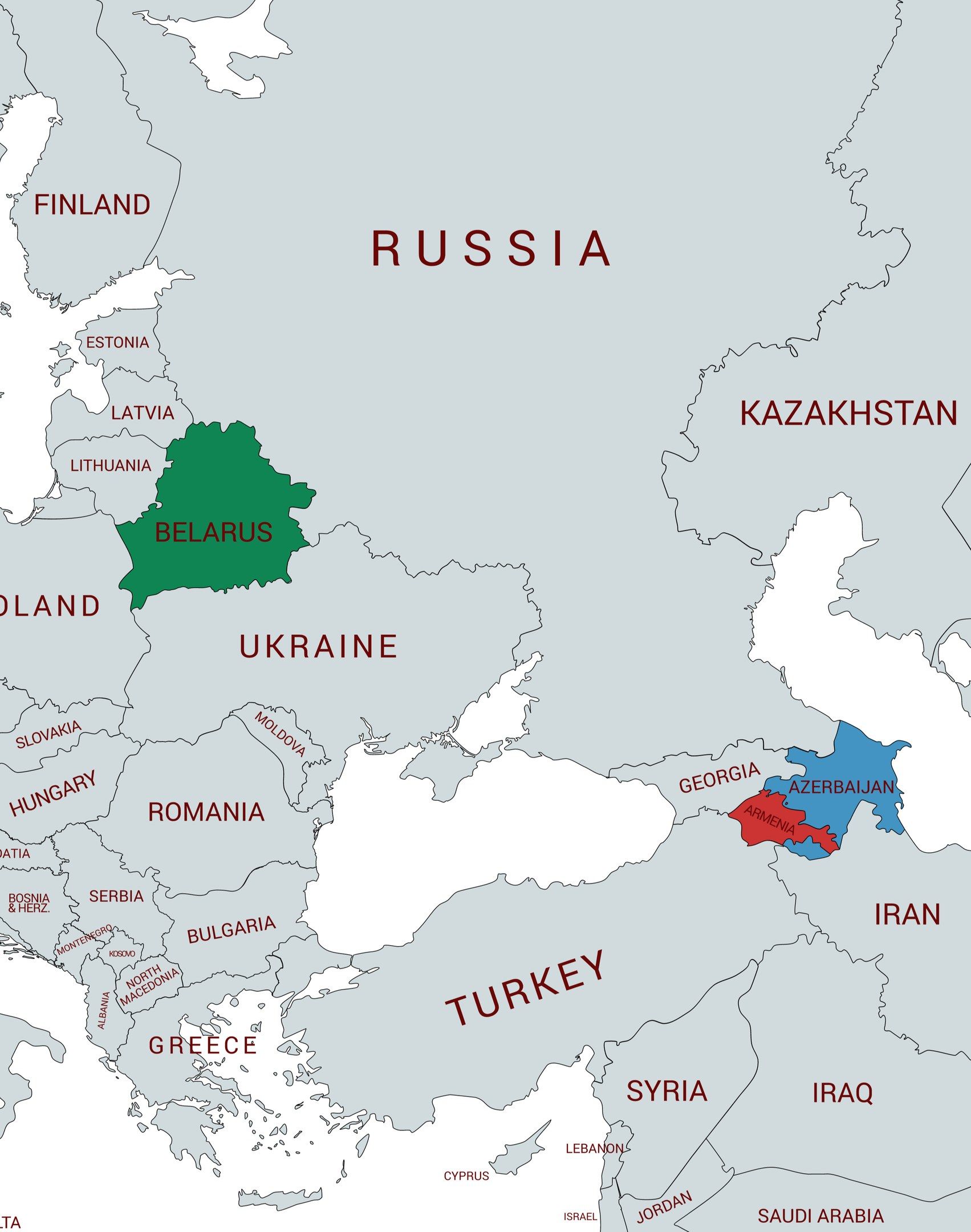 The image shows a map of Europe with the provinces of Belarus and Azerbaijan highlighted in...