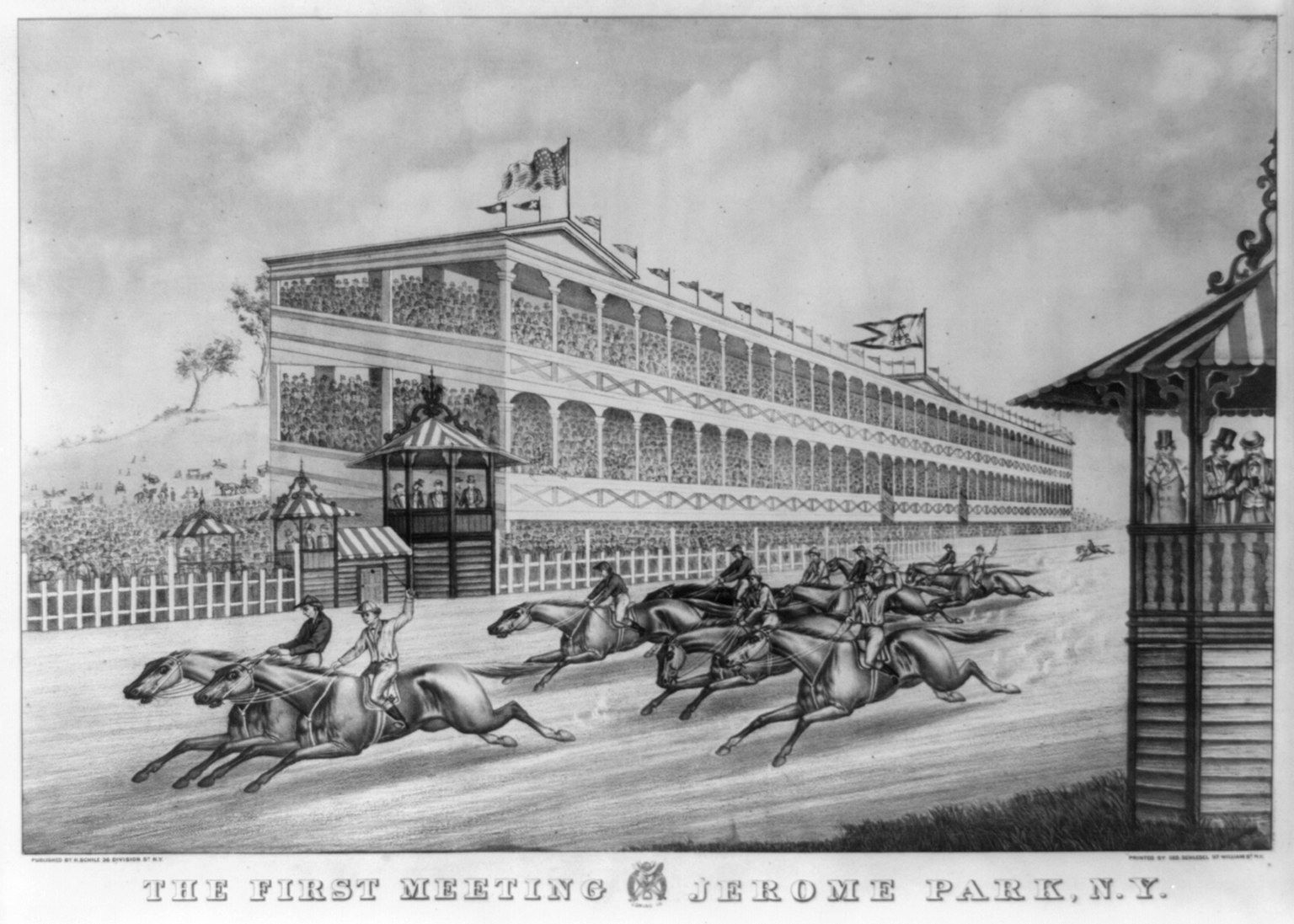 The image shows a black and white drawing of a horse race at Jerome Park in New York City. There...