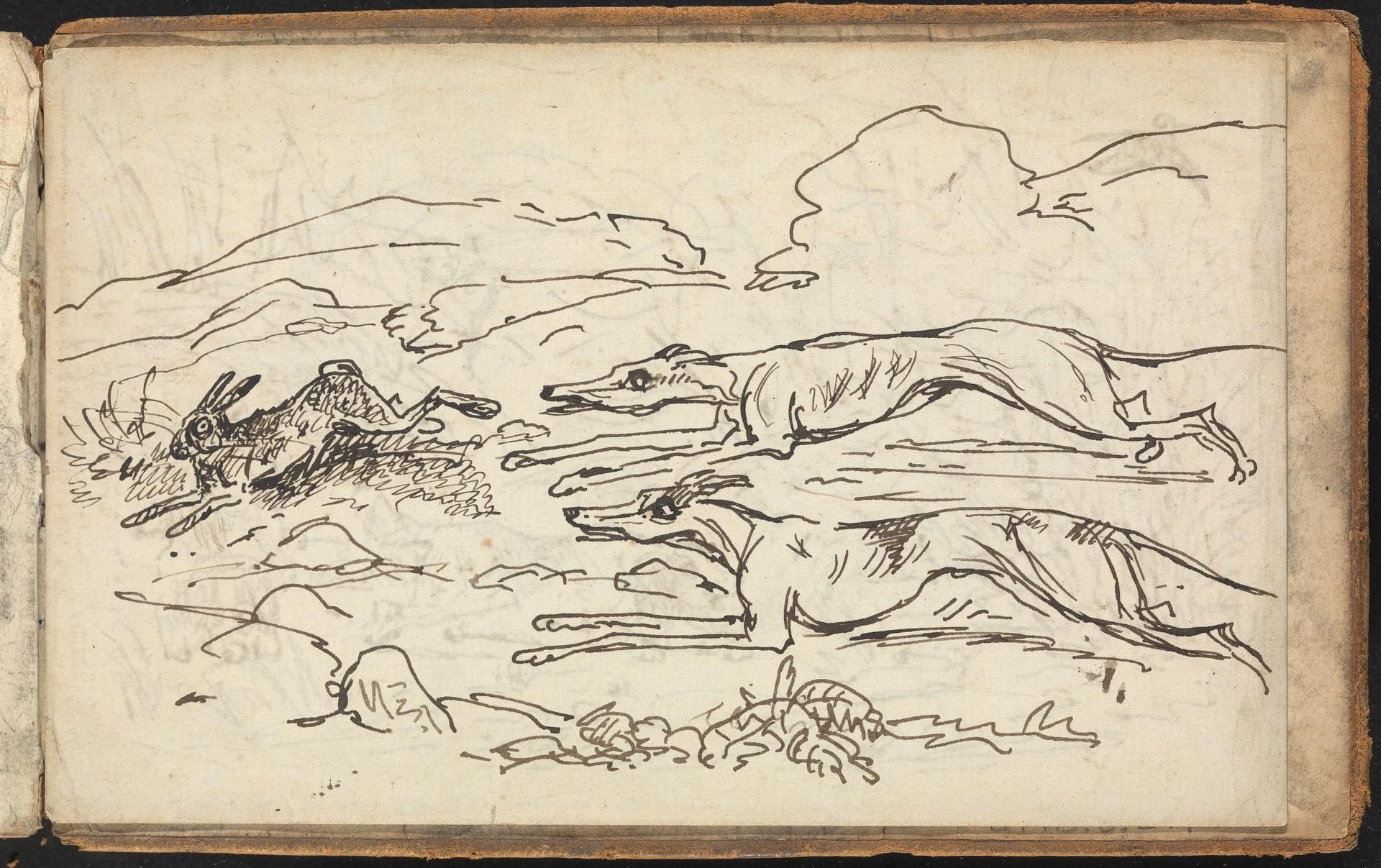 The image shows an open book with a drawing of two greyhounds running in a field, surrounded by...