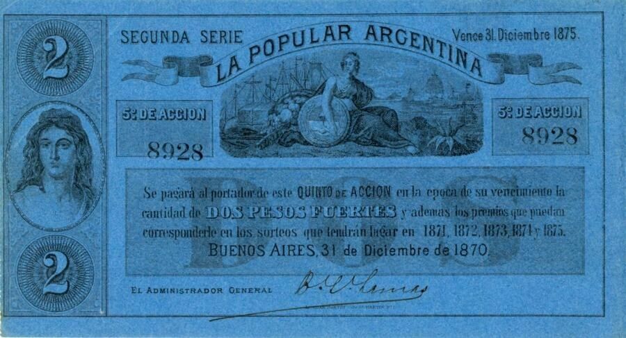 The image shows an Argentinian 2 Pesos banknote from 1873-1875, featuring a portrait of a woman on...