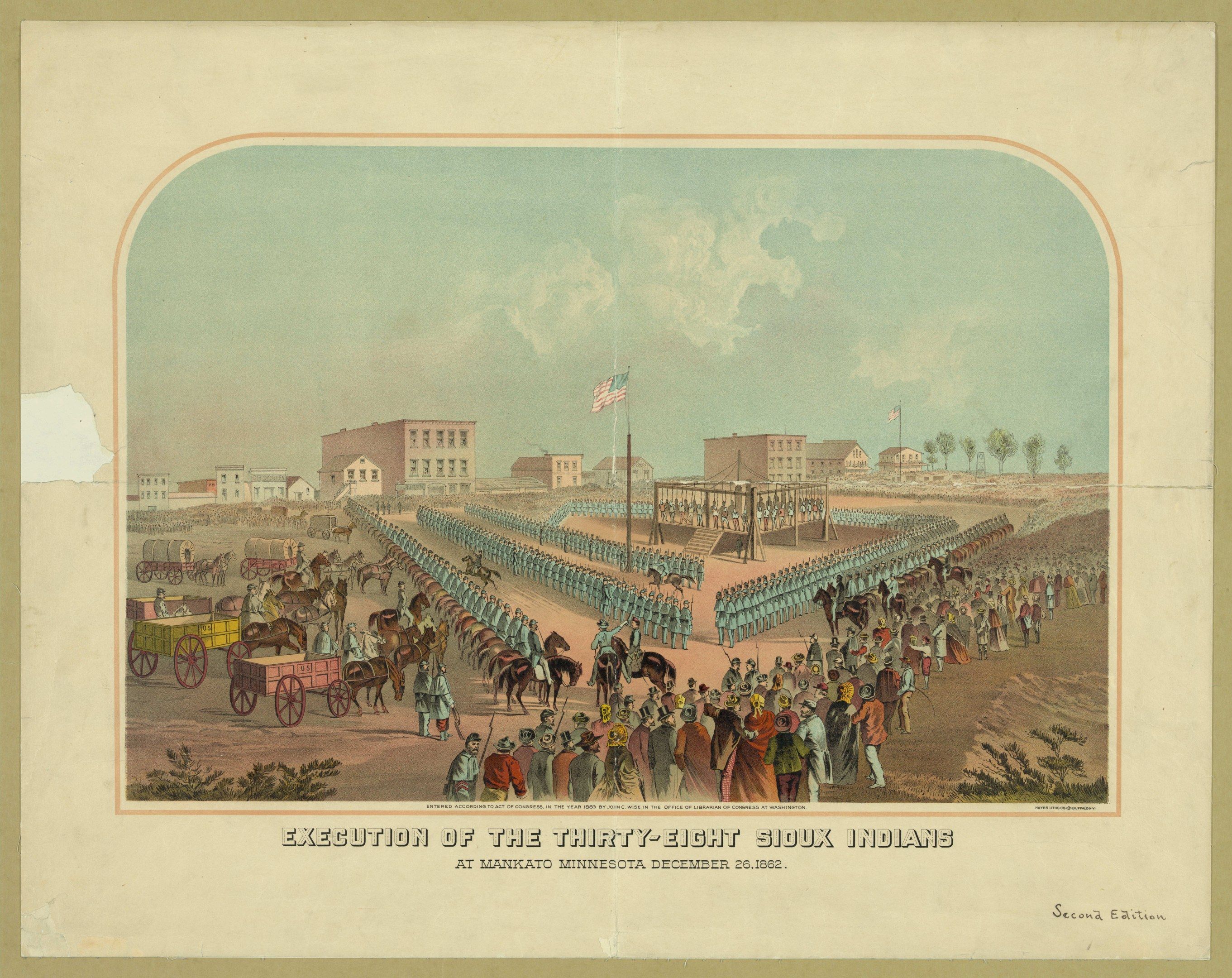 The image shows a poster depicting the execution of the thirty-eight Sioux Indians at Mankato,...