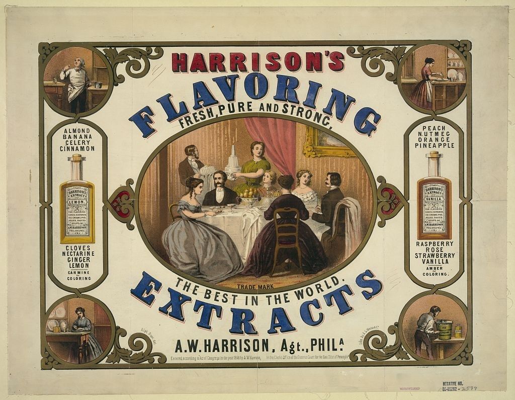 The image shows a poster of Harrison's Flavoring Extracts, the best in the world. It features a...