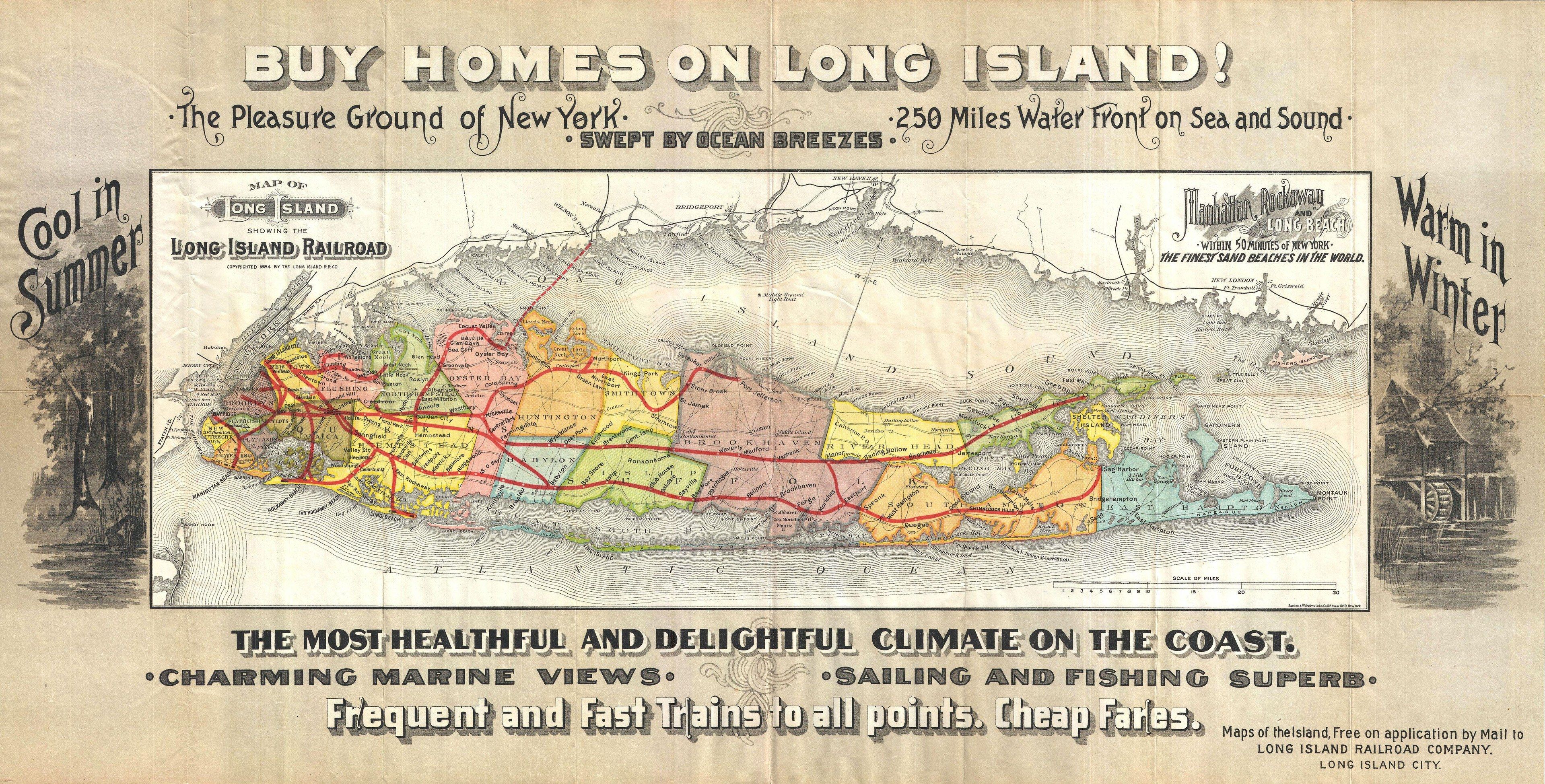 The image shows a poster with a map of Long Island, New York, with the words "Buy Homes on Long...