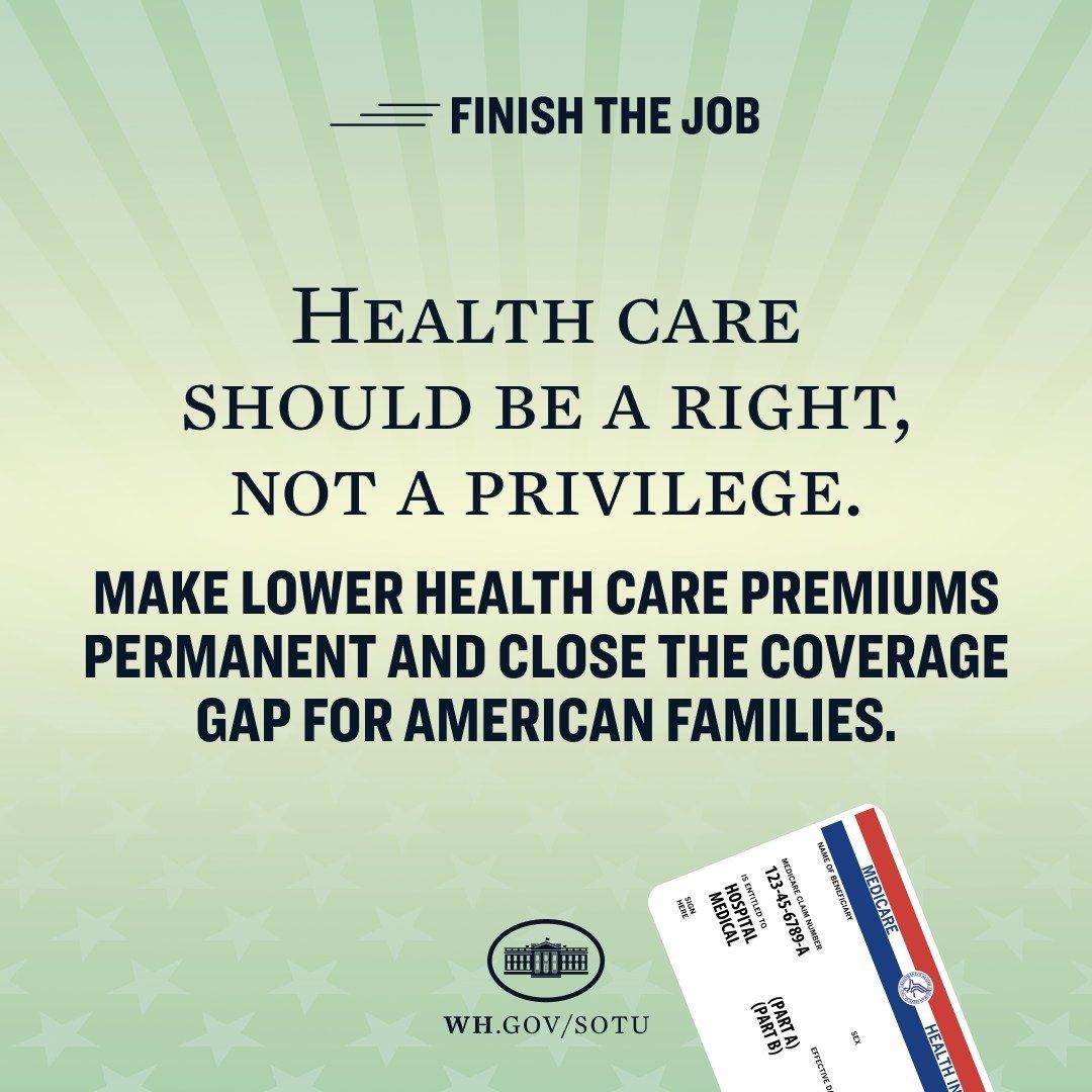 The image shows a poster with the text "Finish the Job: Health Care Should Be a Right, Not a...
