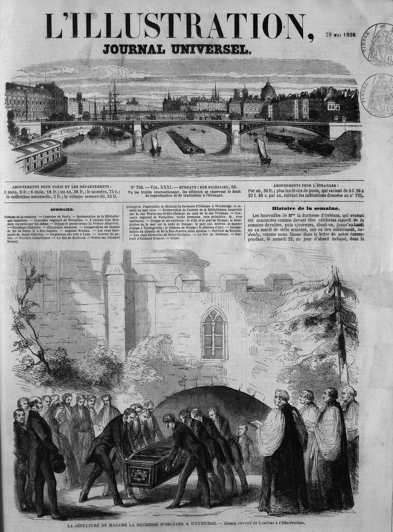 The image shows an old newspaper with a drawing of a group of people standing around a casket,...