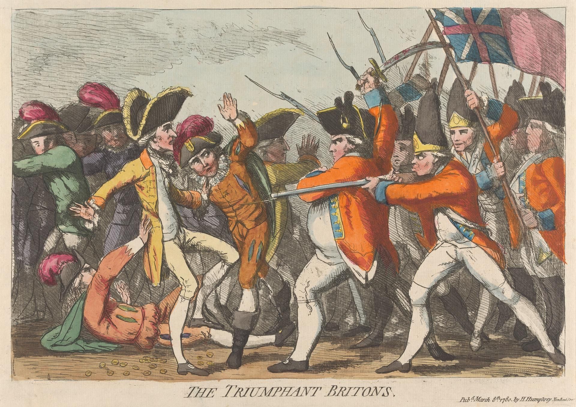 The image shows a poster depicting the triumph of the British troops during the Battle of Waterloo....