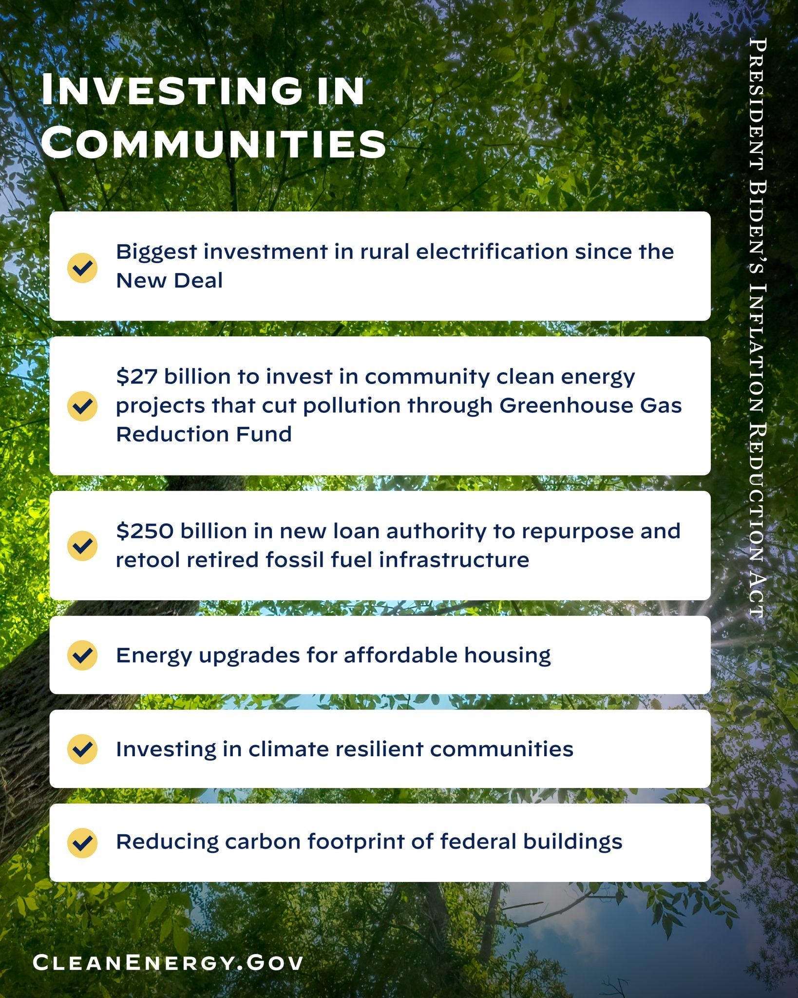 The image shows a poster with trees and sky in the background, and text that reads "Investing in...