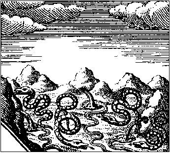 The image shows a black and white drawing of a mountain landscape with a river winding through it,...