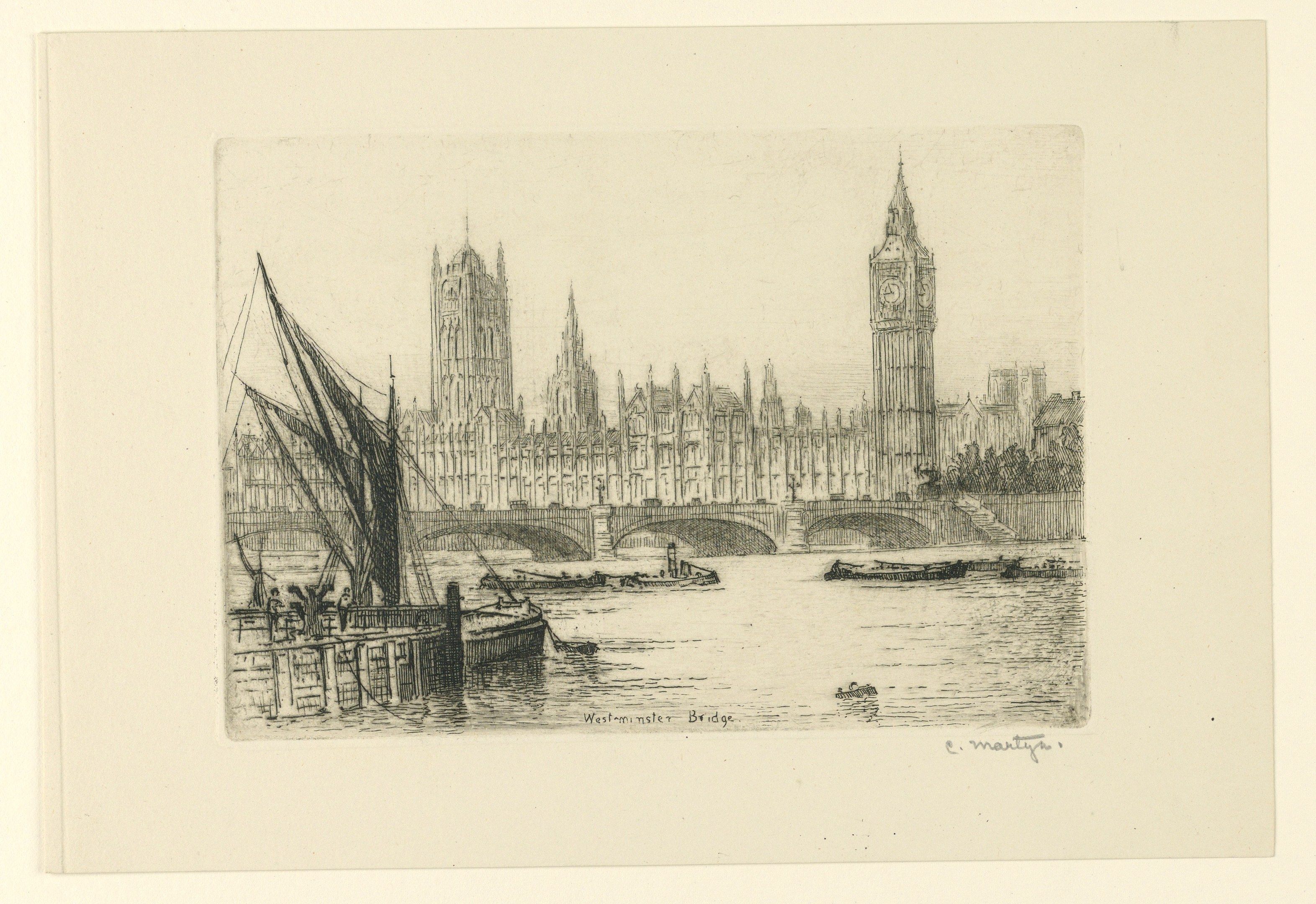 The image shows a drawing of Big Ben and the Houses of Parliament in London, with boats on the...