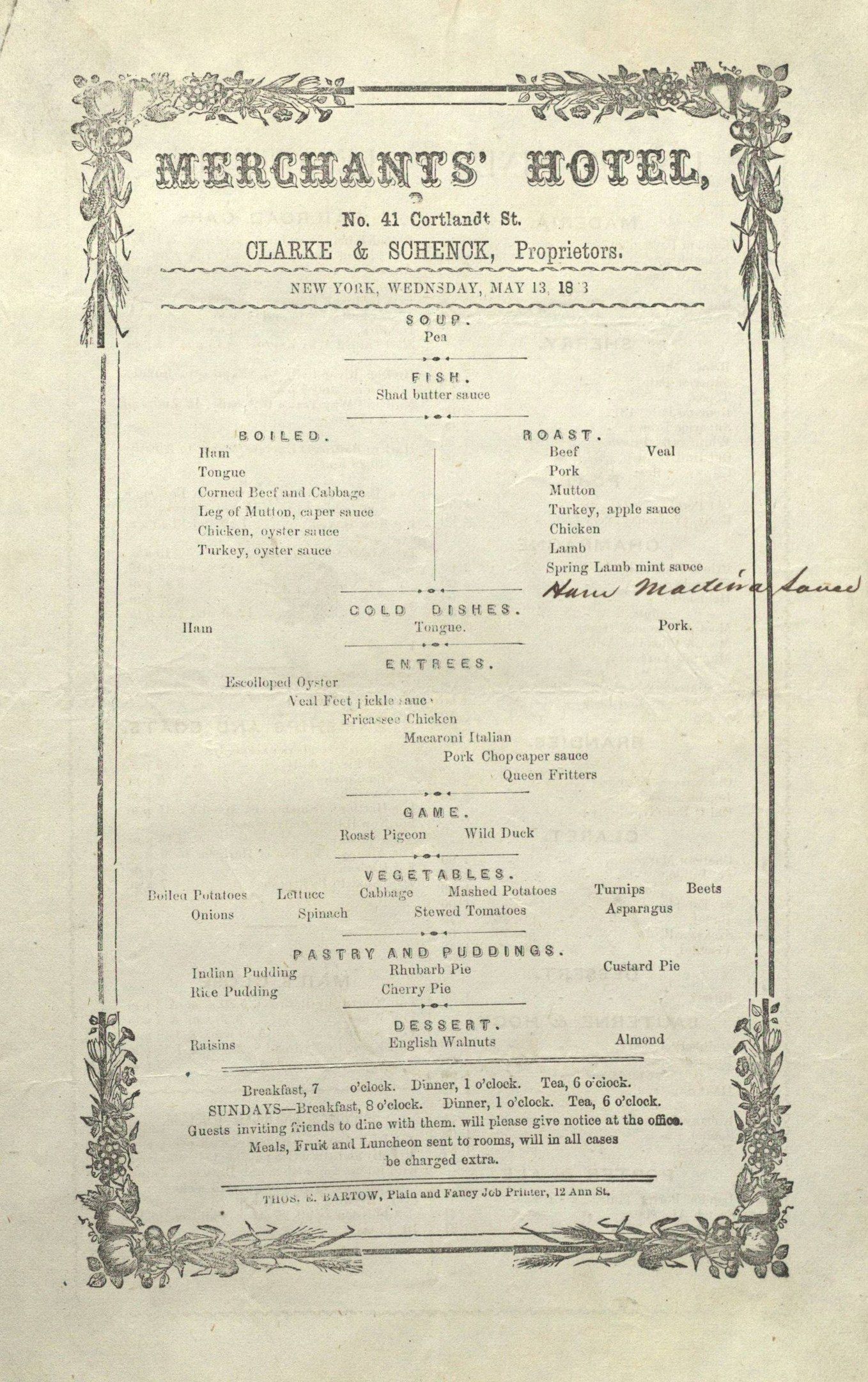 The image shows an old book with a menu for a merchant's hotel on it. The menu is written in black...