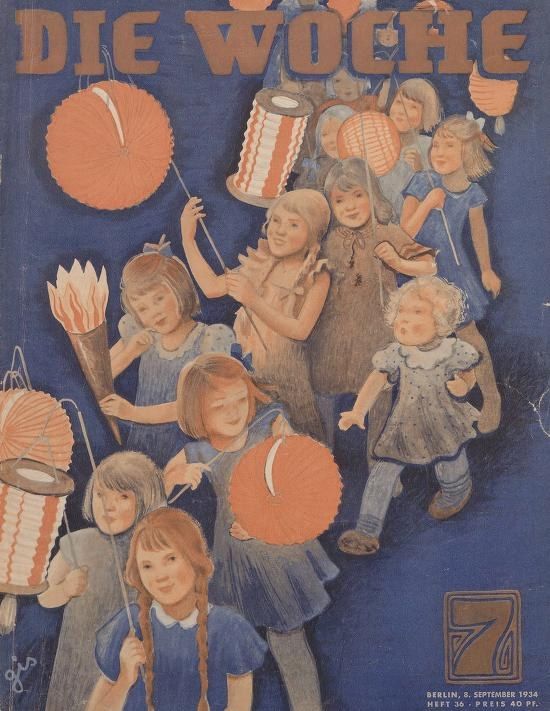 The image shows a cover of a magazine with a group of children holding paper lanterns in their...