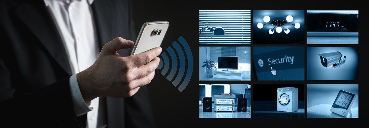The image shows a man in a suit holding a smart phone in his hand, surrounded by a collage of...