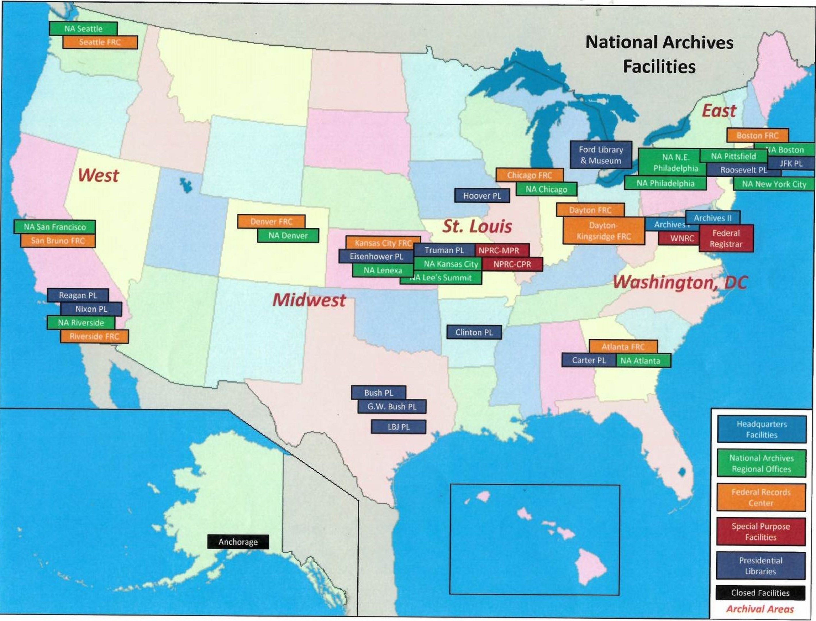 The image shows a poster of a map of the United States with the locations of the National Archives...