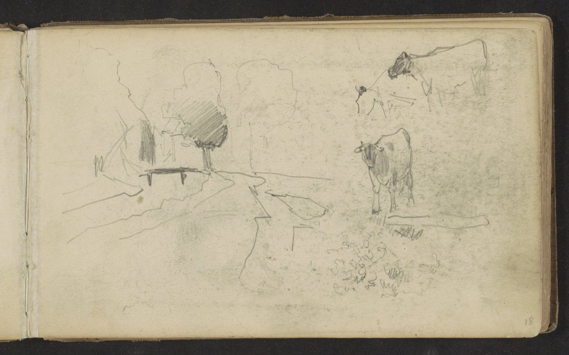The image shows an open book with a drawing of two cows grazing in a field, surrounded by trees and...