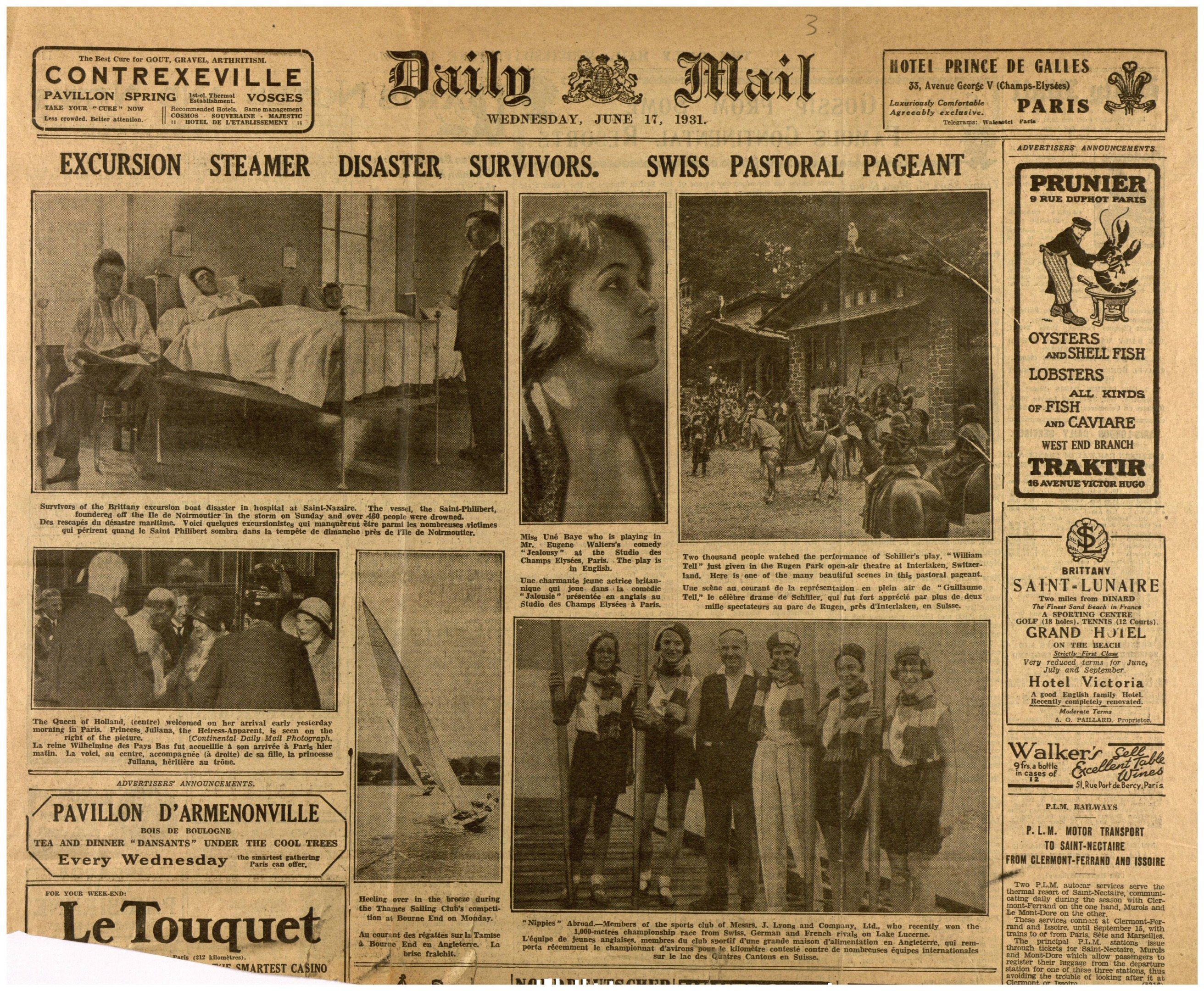 The image shows an old newspaper with a variety of pictures and text on it. The newspaper appears...