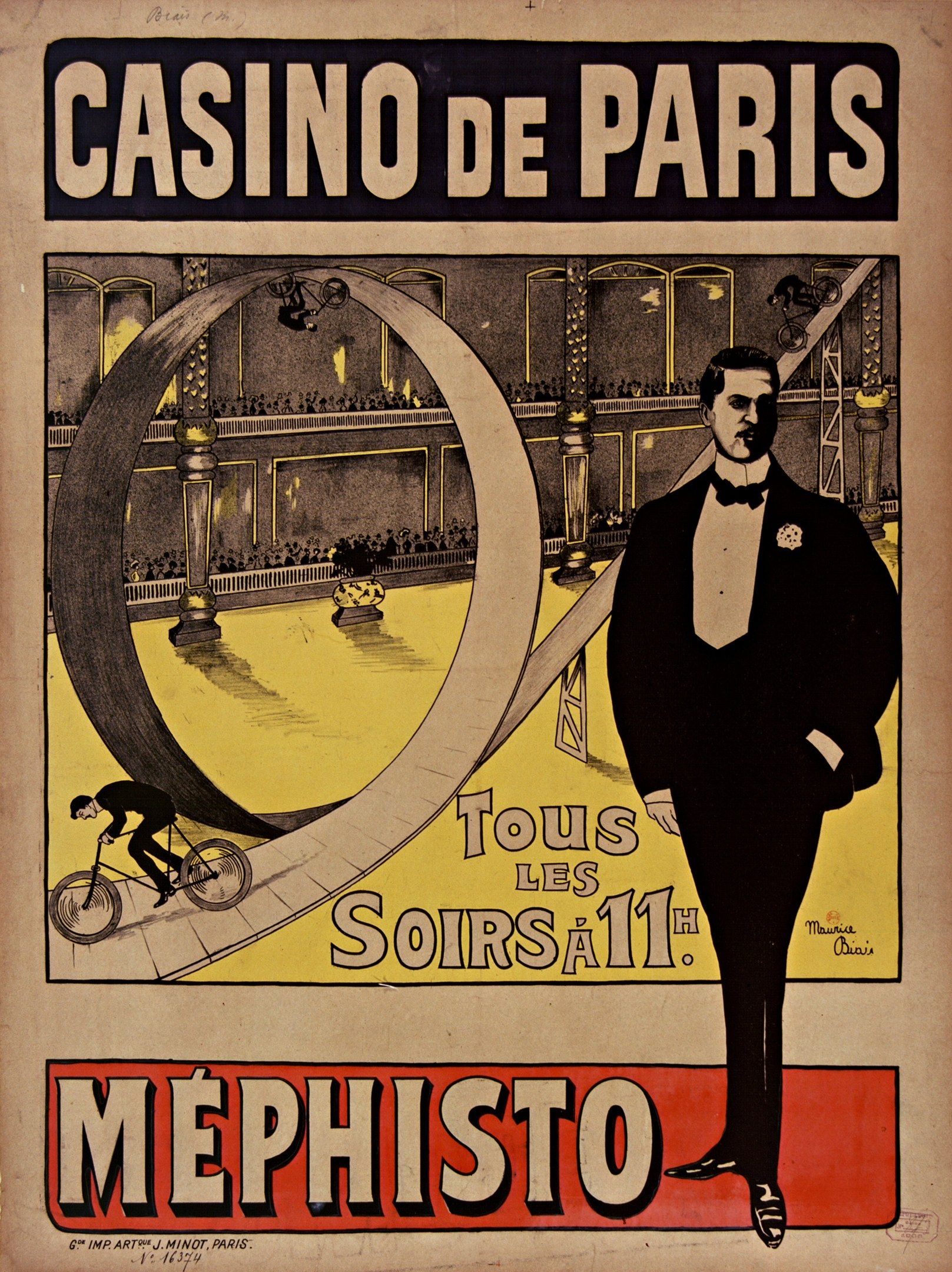 The image shows a poster advertising a casino in Paris, featuring a man in a tuxedo standing in...