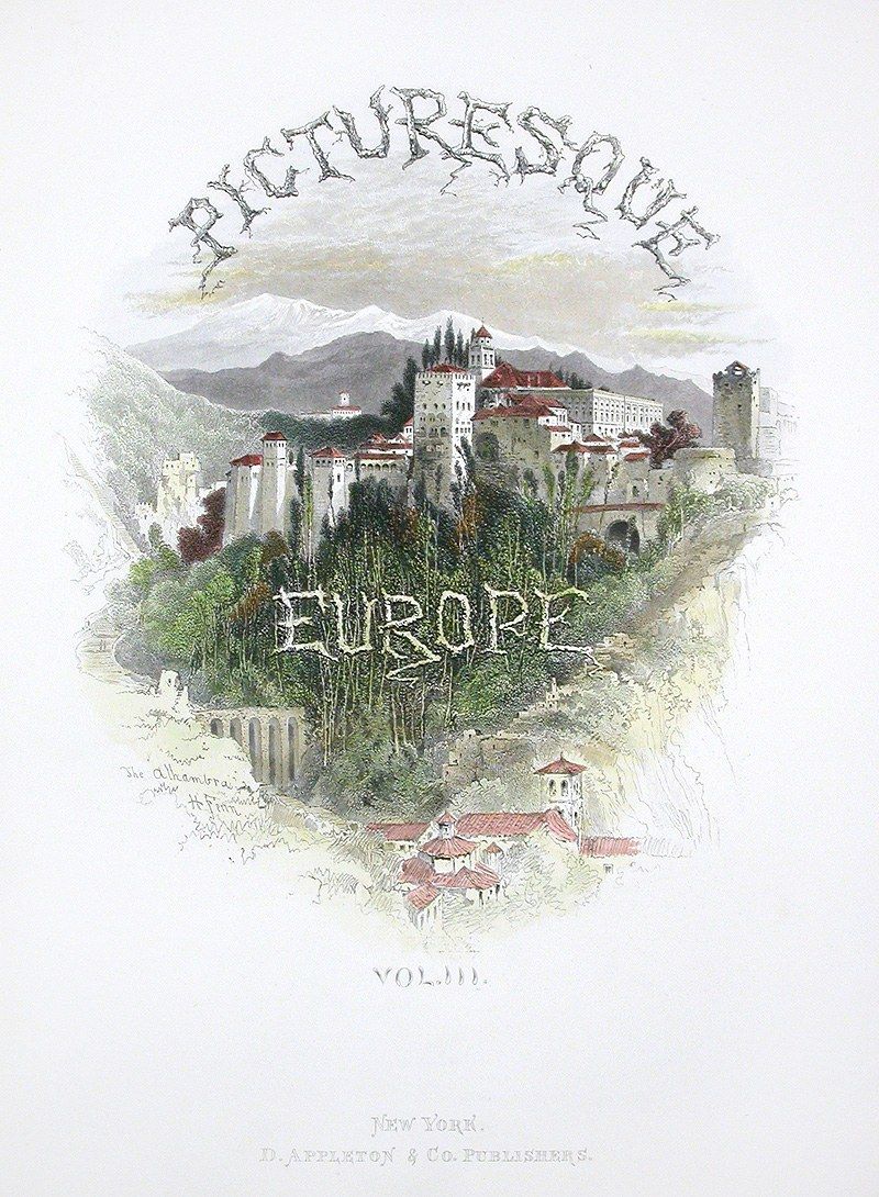 The image shows a book with a picture of a castle on top of it, surrounded by trees and mountains...