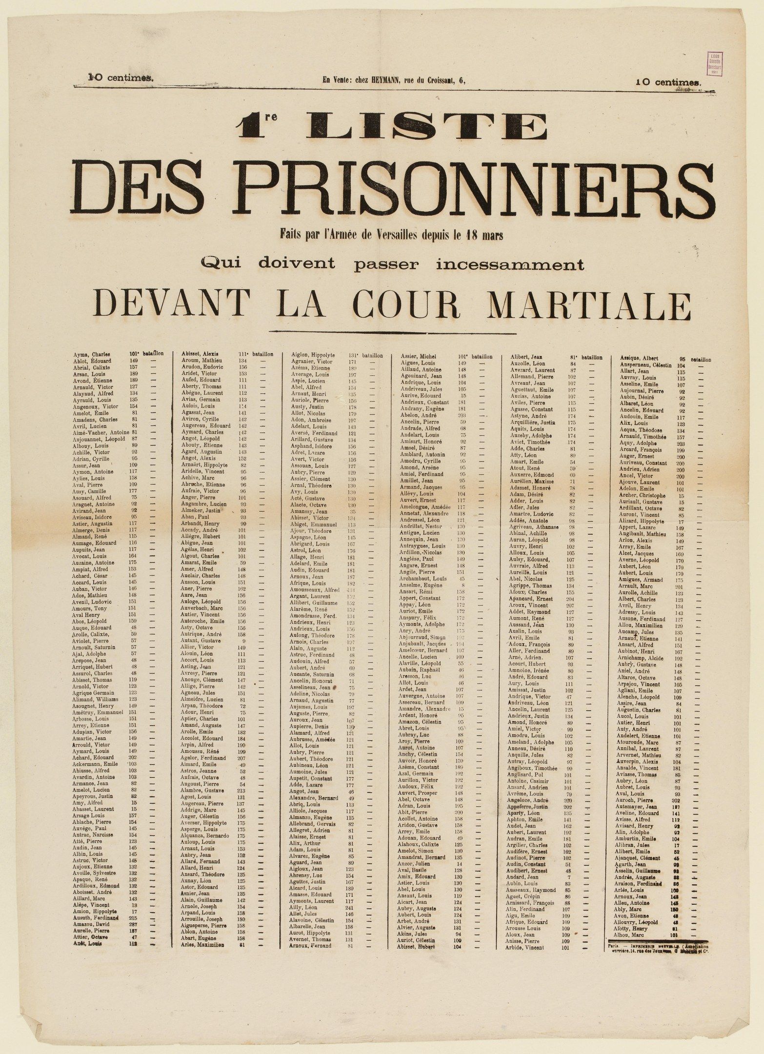 The image shows an old newspaper with a list of prisoners on it. The paper is yellowed with age and...