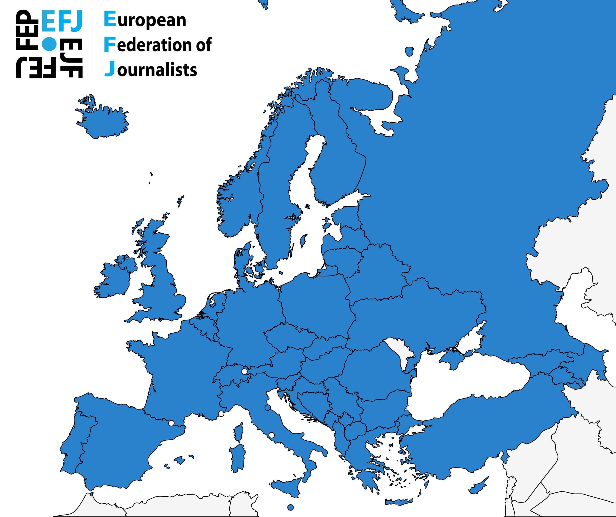 The image shows a map of Europe with the European Federation of Journalists (EFJ) highlighted in...