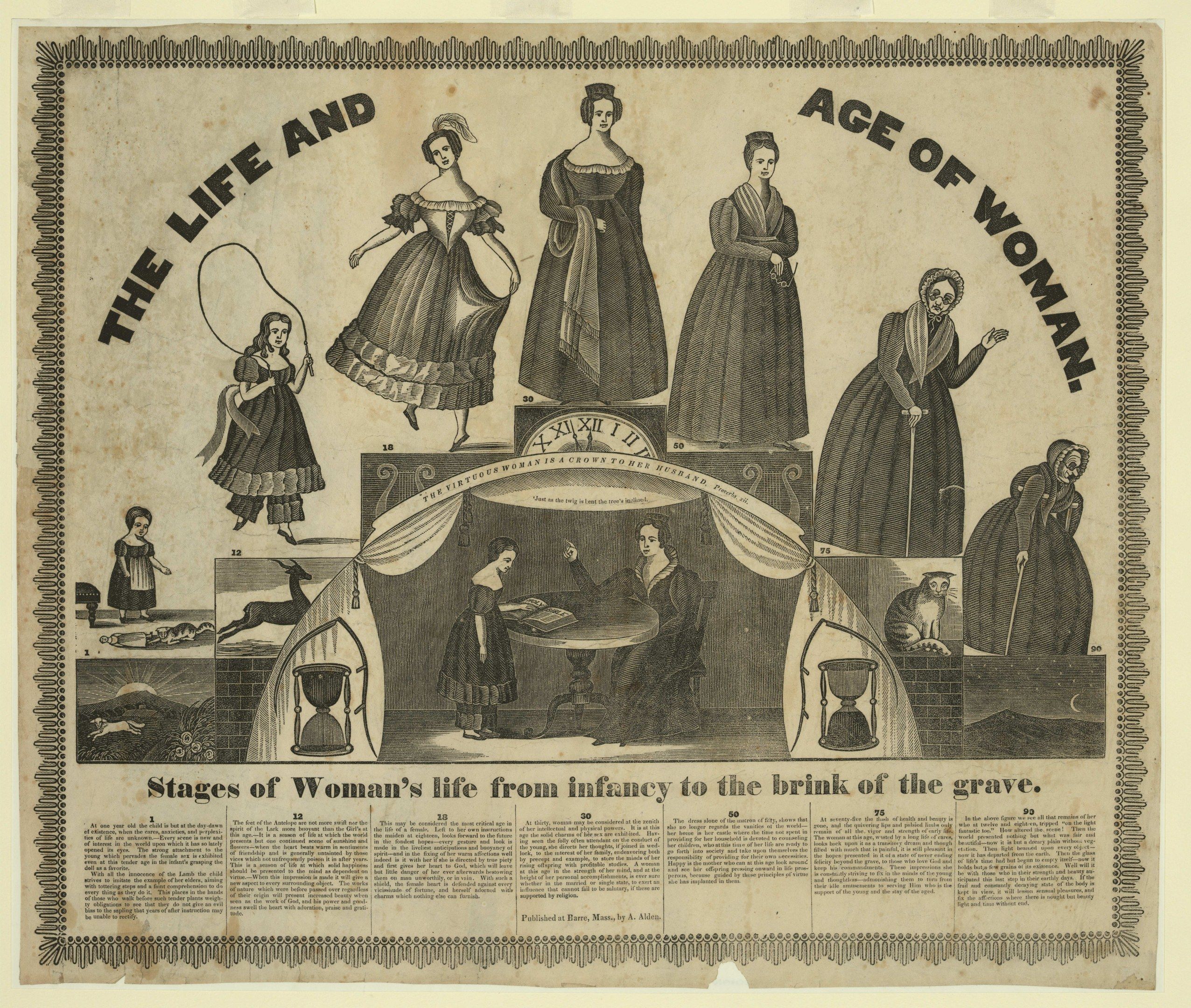 The image shows a paper with pictures of women and text written on it, depicting the life and age...
